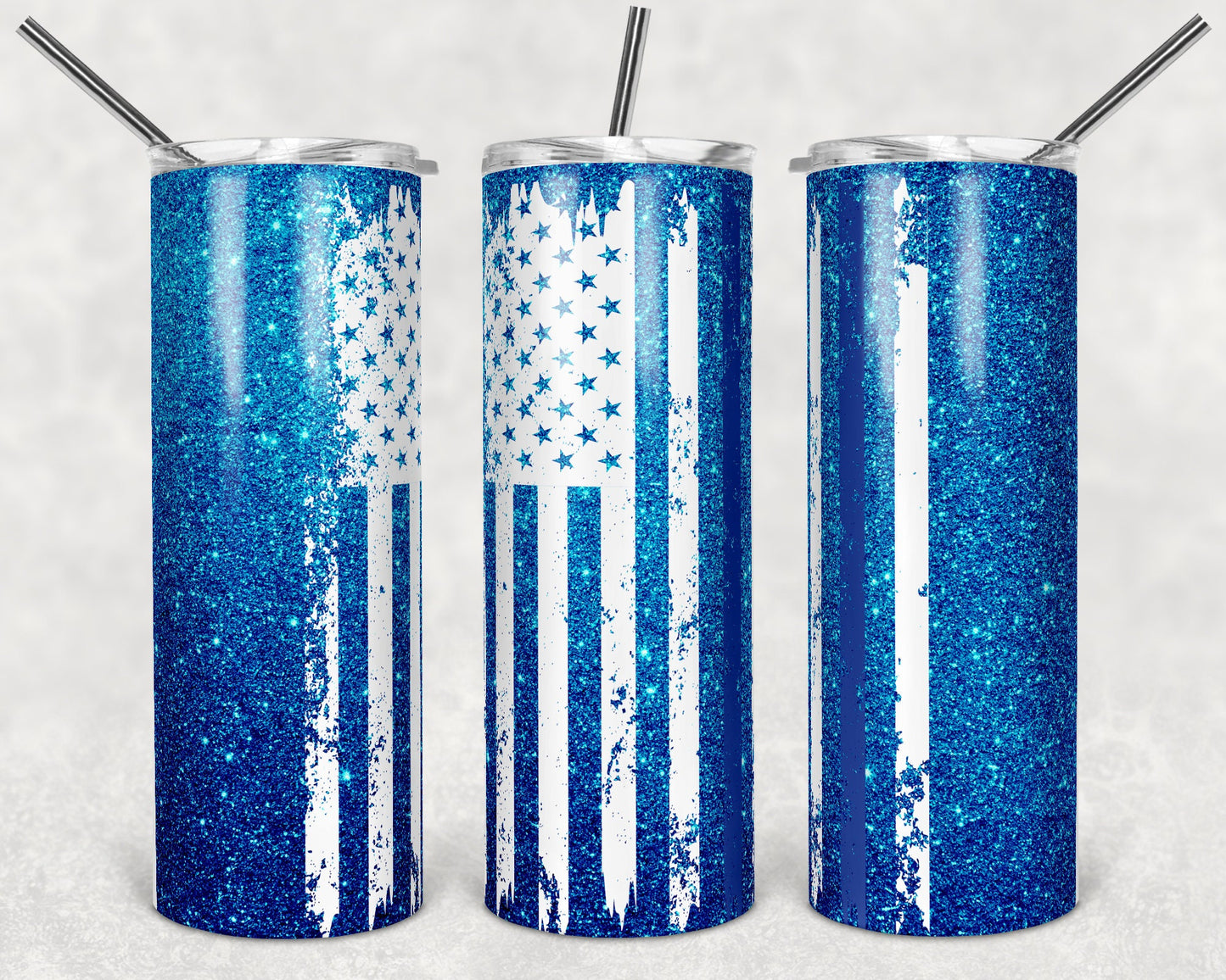 20 oz Skinny Tumbler Sublimation Design Template Blue Glitter Flag Line Design