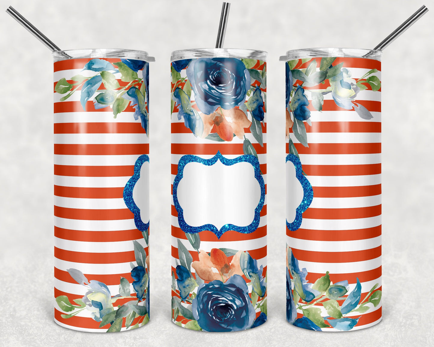 20 oz Skinny Tumbler Striped Floral Orange Sublimation Design Print Transfer