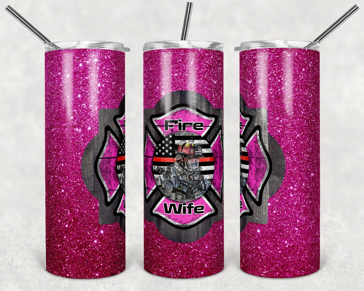 20 oz Skinny Tumbler Sublimation Design Template Pink Fire Wife Design