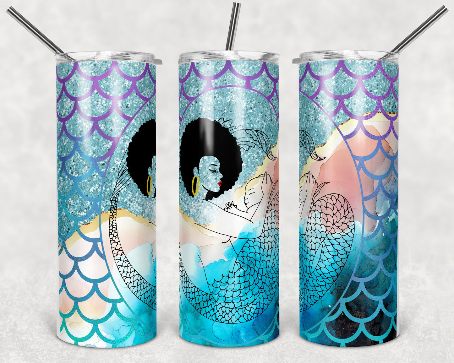 20 oz Skinny Tumbler Sublimation Design Template Mermaid Mom Child