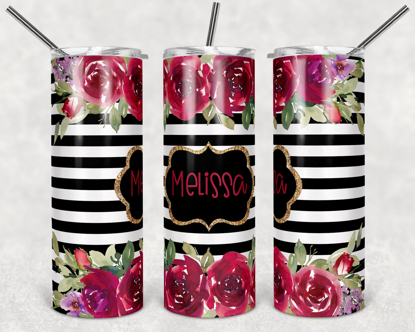 20 oz Skinny Tumbler Black Striped Floral Sublimation Design Template Design Print Transfer