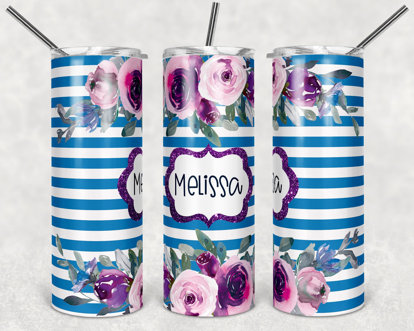 20 oz Skinny Tumbler Striped Floral Blue and Purple Sublimation Design Print Transfer
