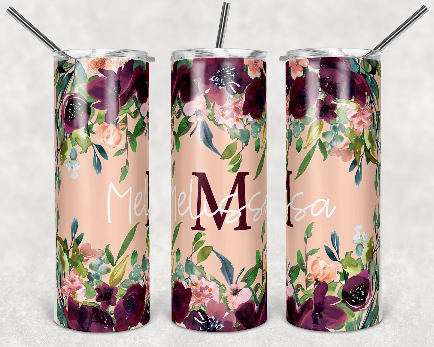 20 oz Skinny Tumbler Floral Peach and Maroon Sublimation Design Print Transfer