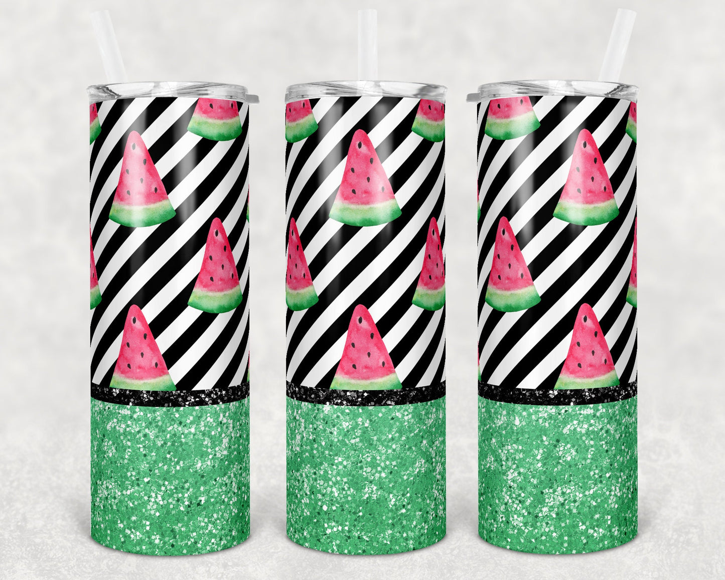20 oz Skinny Tumbler Sublimation Diagonal Stripe Watermelon Glitter Design
