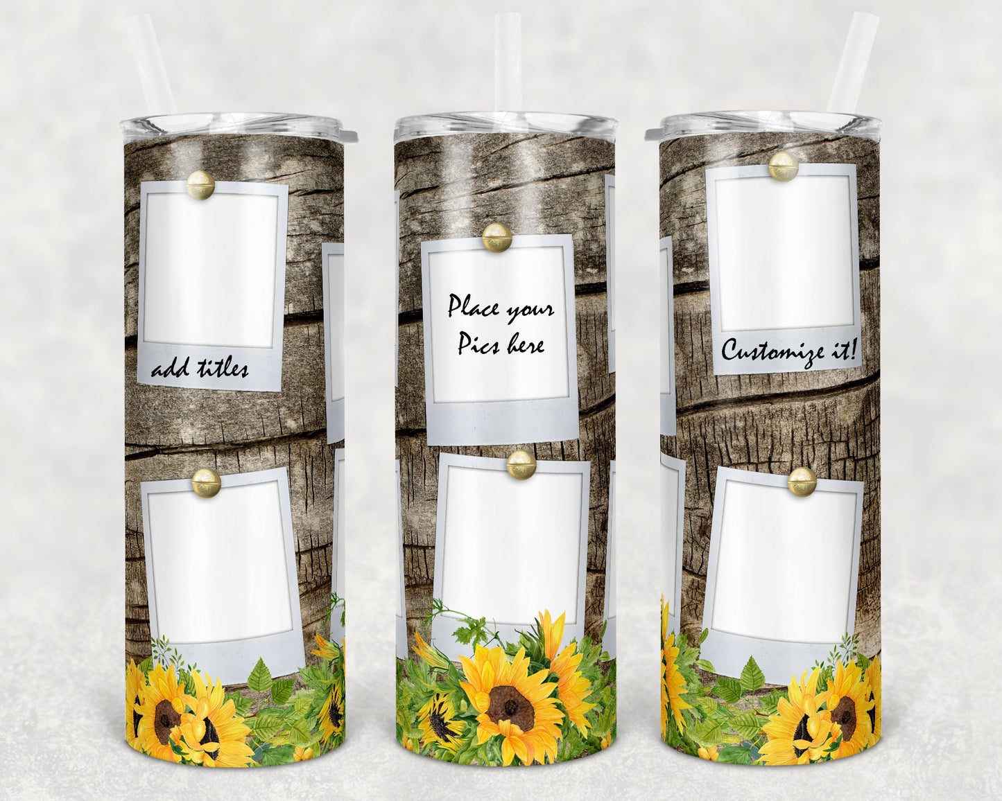 20 oz Skinny Tumbler Picture Frame Rustic Wood Sunflower 6 photos Sublimation Design