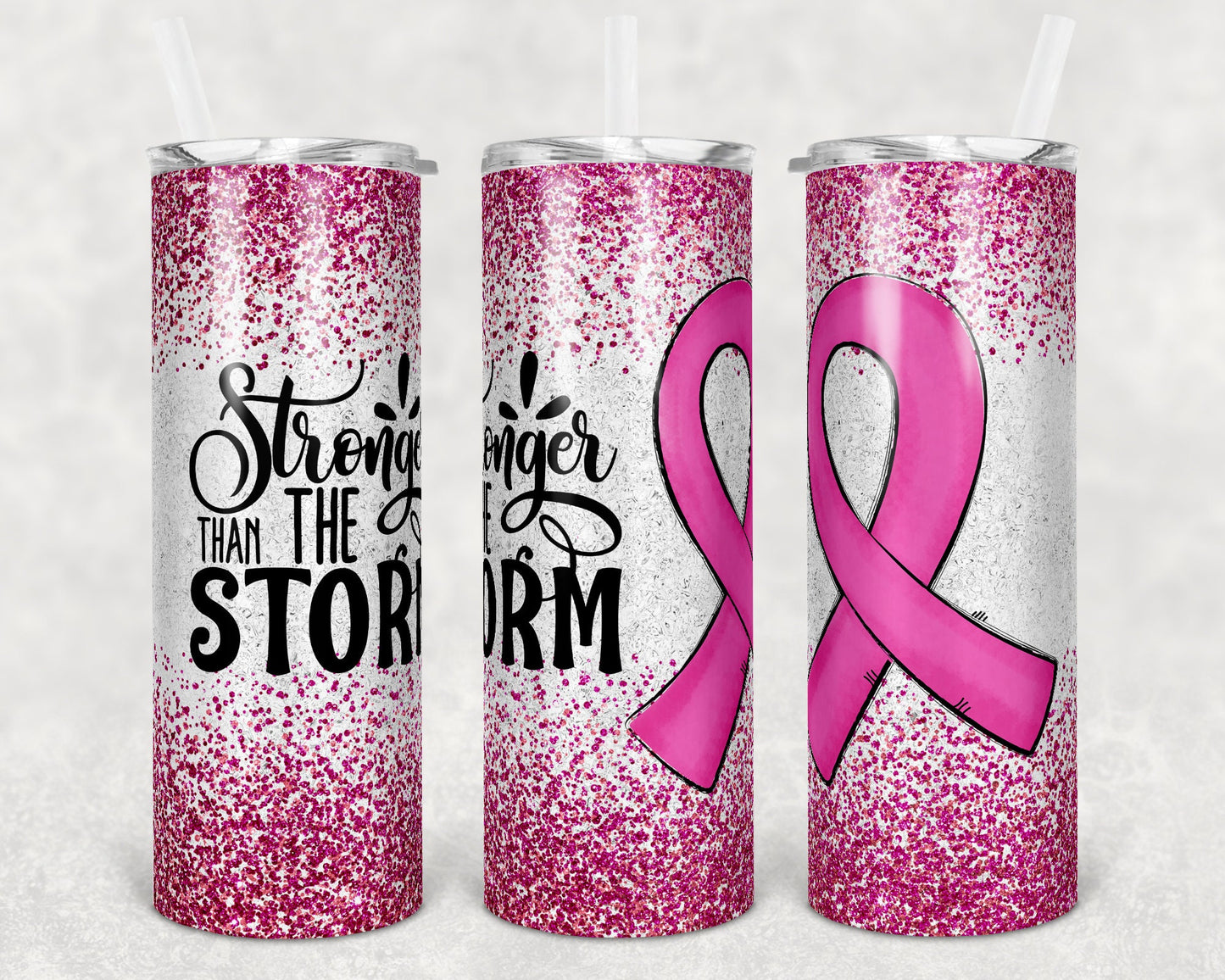 20 oz Skinny Tumbler Sublimation Glitter Pink Breast Cancer Awareness Straight and Warped Design