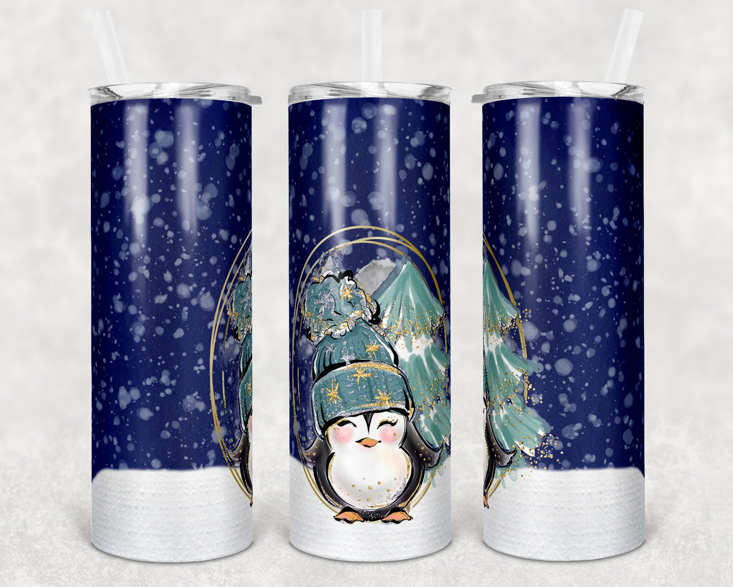 20 oz Skinny Tumbler Sublimation SEAMLESS Winter Penguin Christmas Design Template Straight Warped