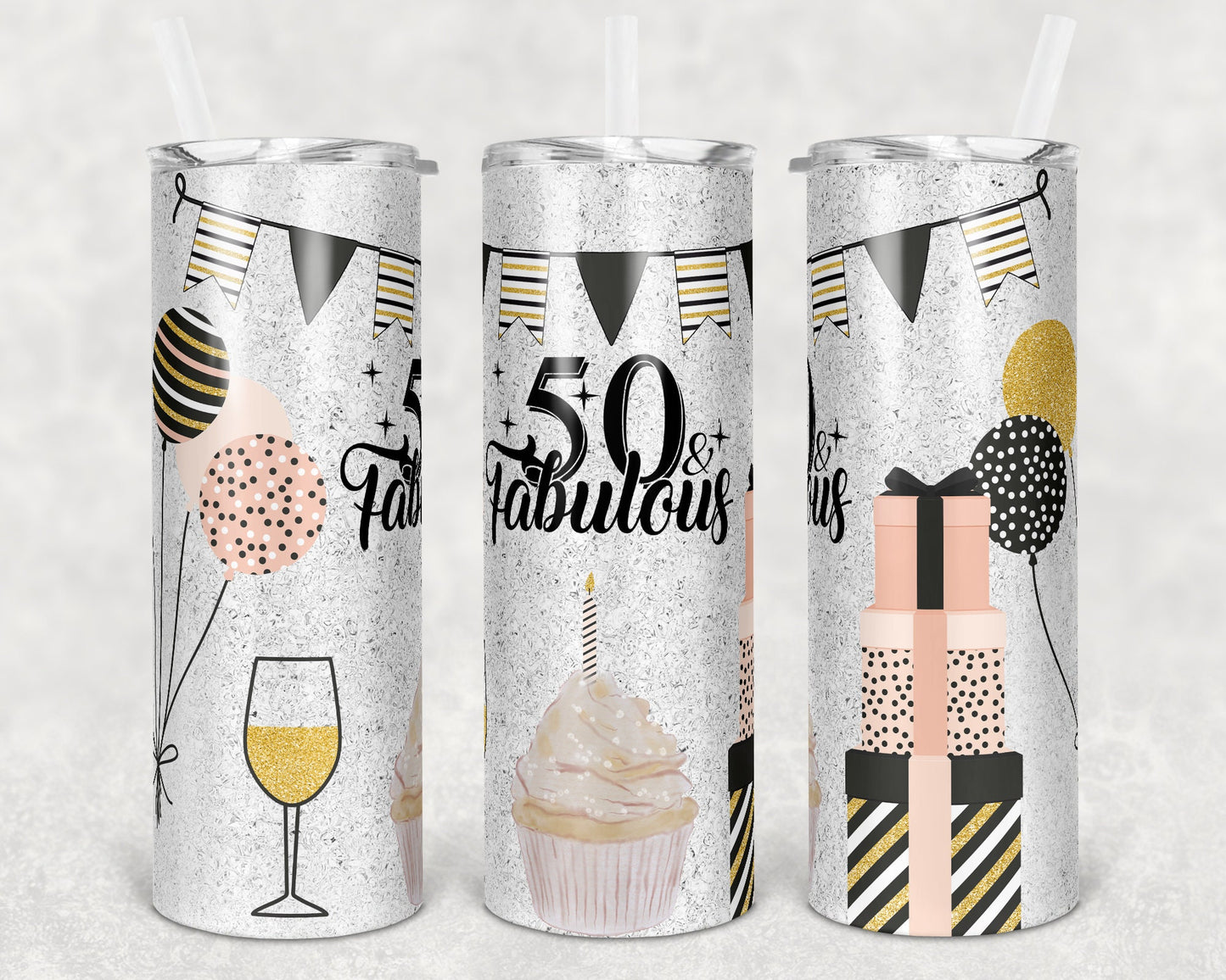20 oz Skinny Tumbler Sublimation Glitter 50 and Fabulous Birthday Straight and Warped Design