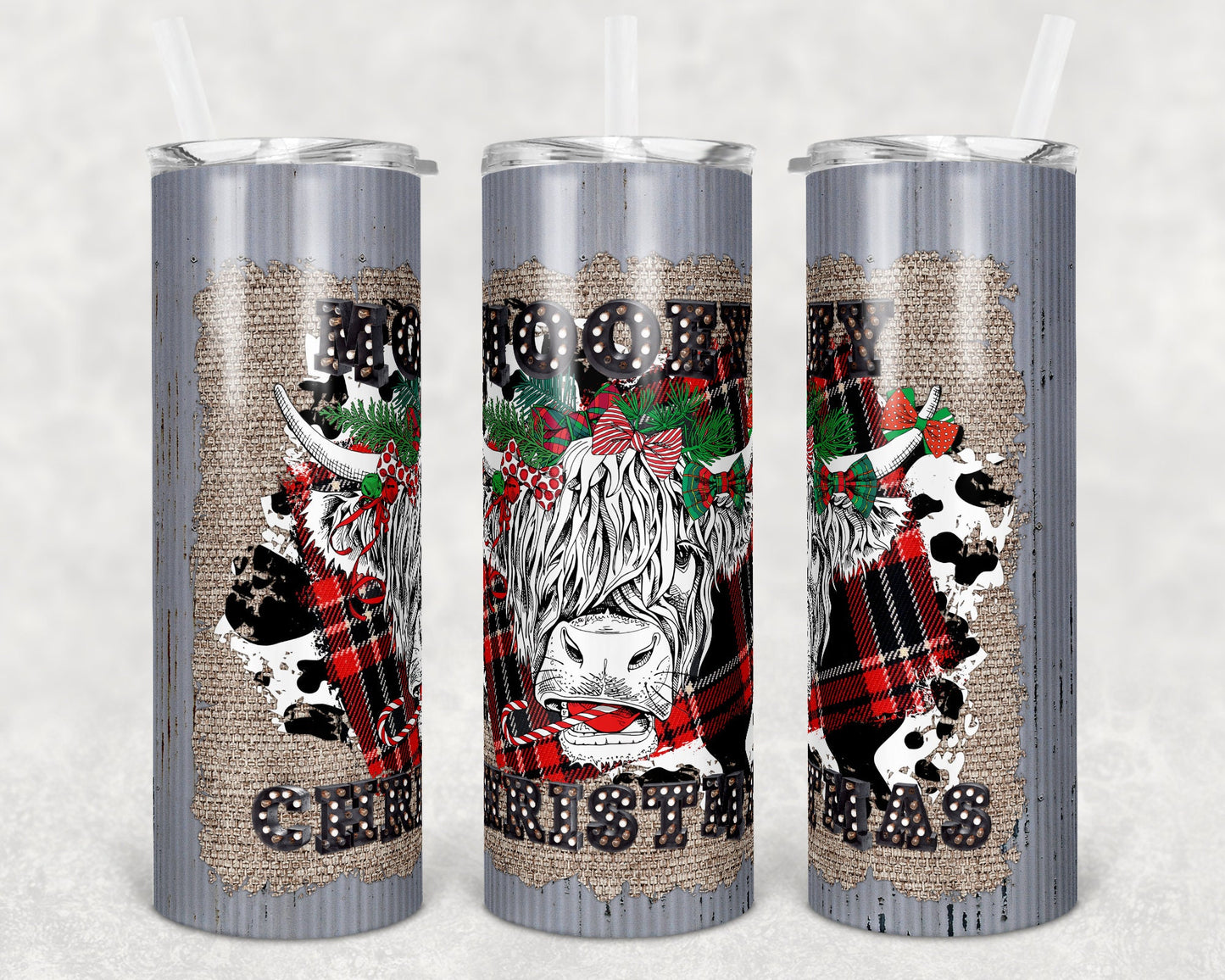 20 oz Skinny Tumbler Sublimation Mooey Christmas Tin Christmas Design Template Straight Warped