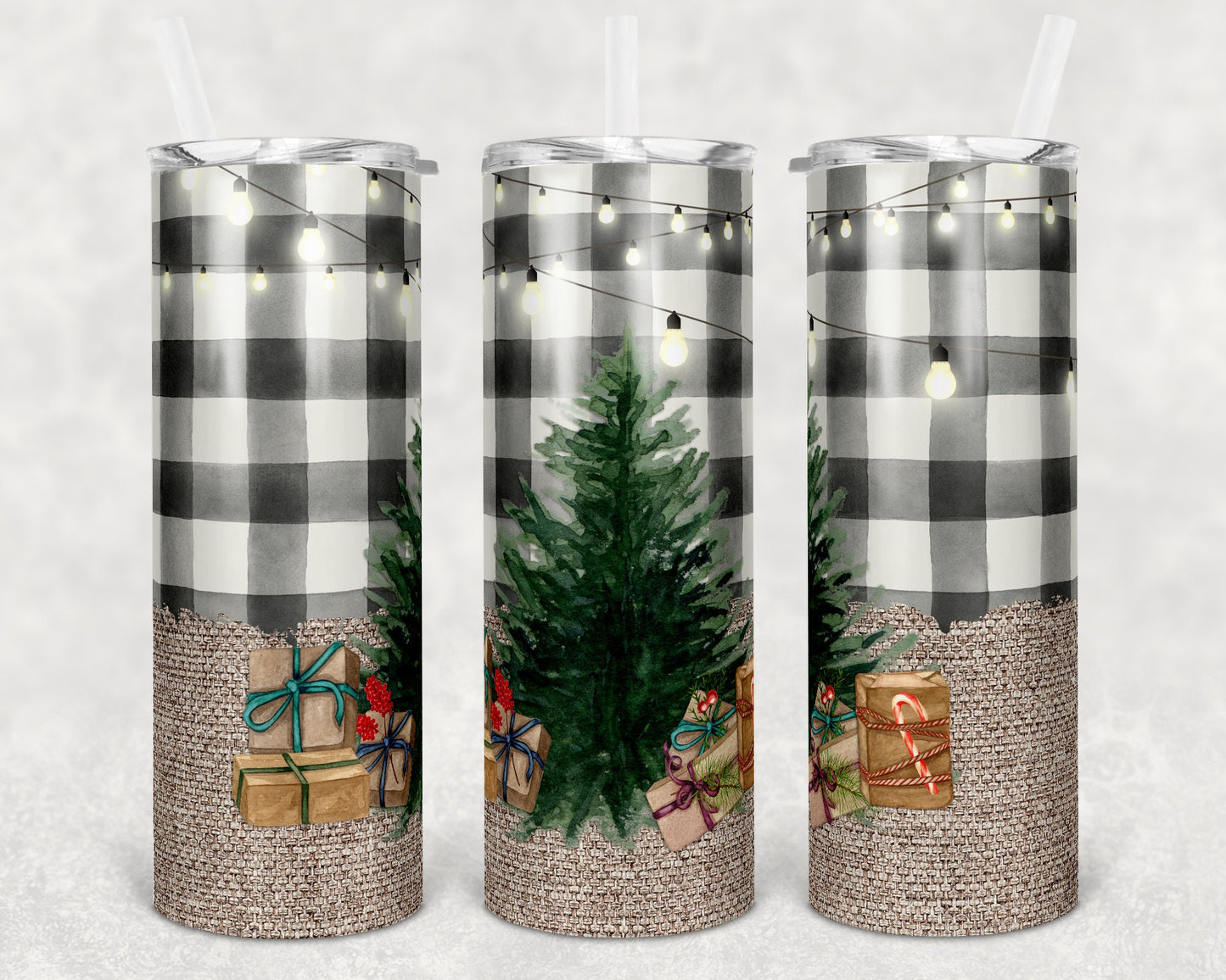 20 oz Skinny Tumbler Sublimation SEAMLESS Burlap and Buffalo Plaid Christmas Design Template Straight Warped