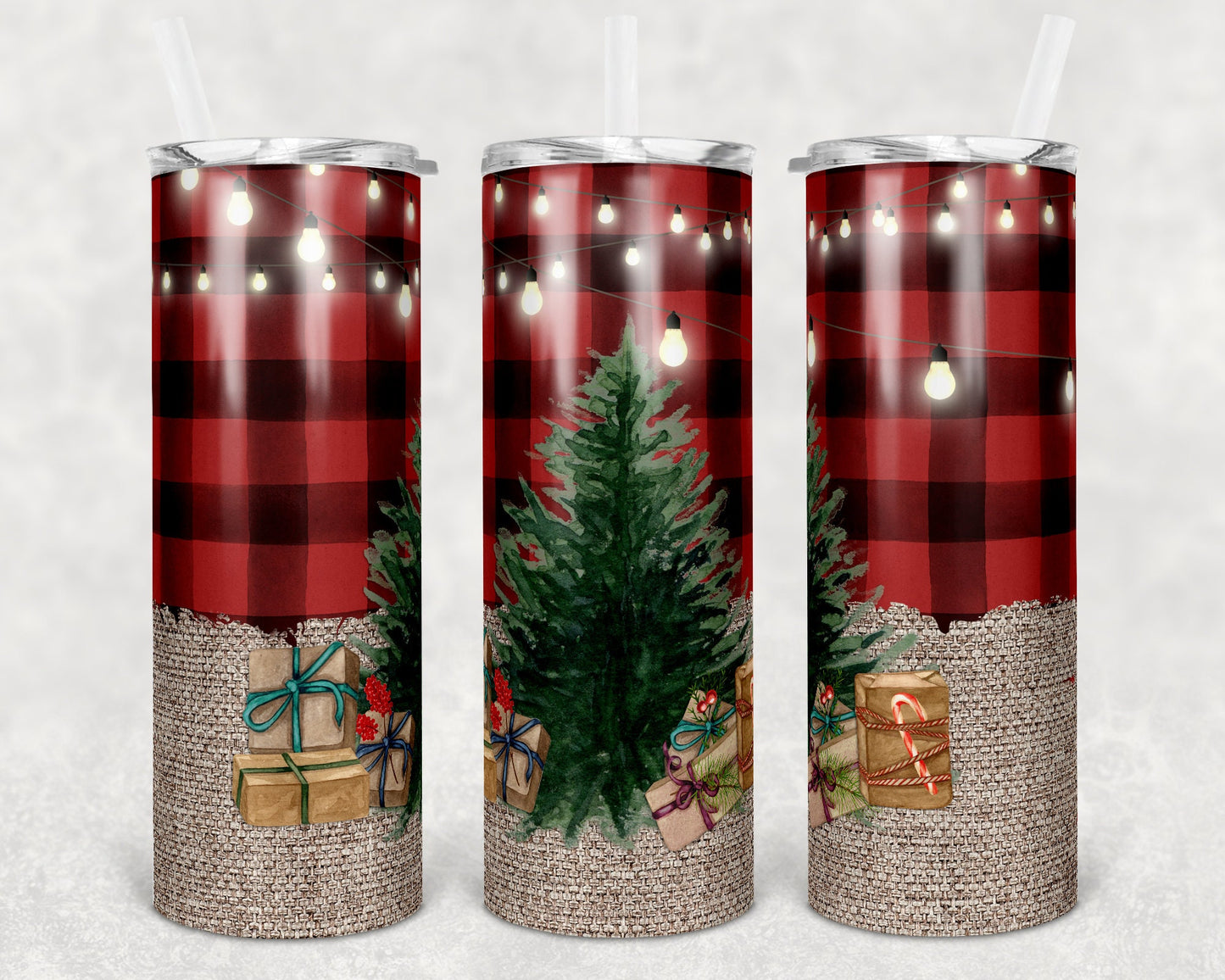 20 oz Skinny Tumbler Sublimation SEAMLESS Burlap and Buffalo Plaid Christmas Design Template Straight Warped