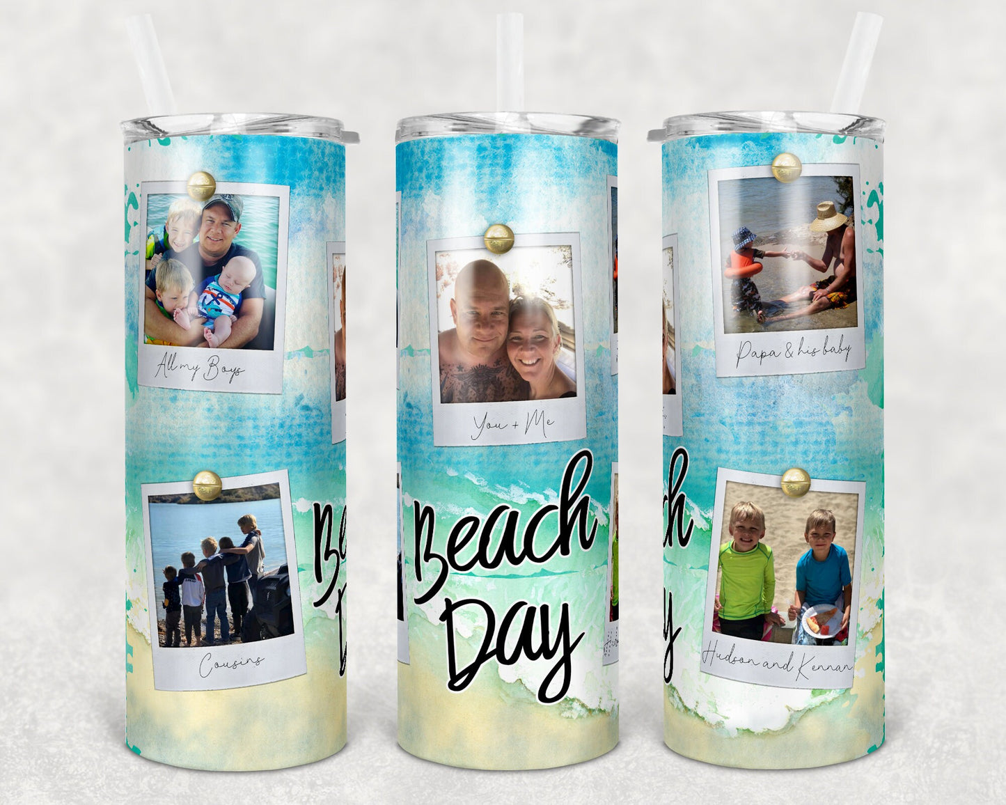 20 oz Skinny Tumbler Picture Frame Beach Crashing Waves Background Sublimation Design