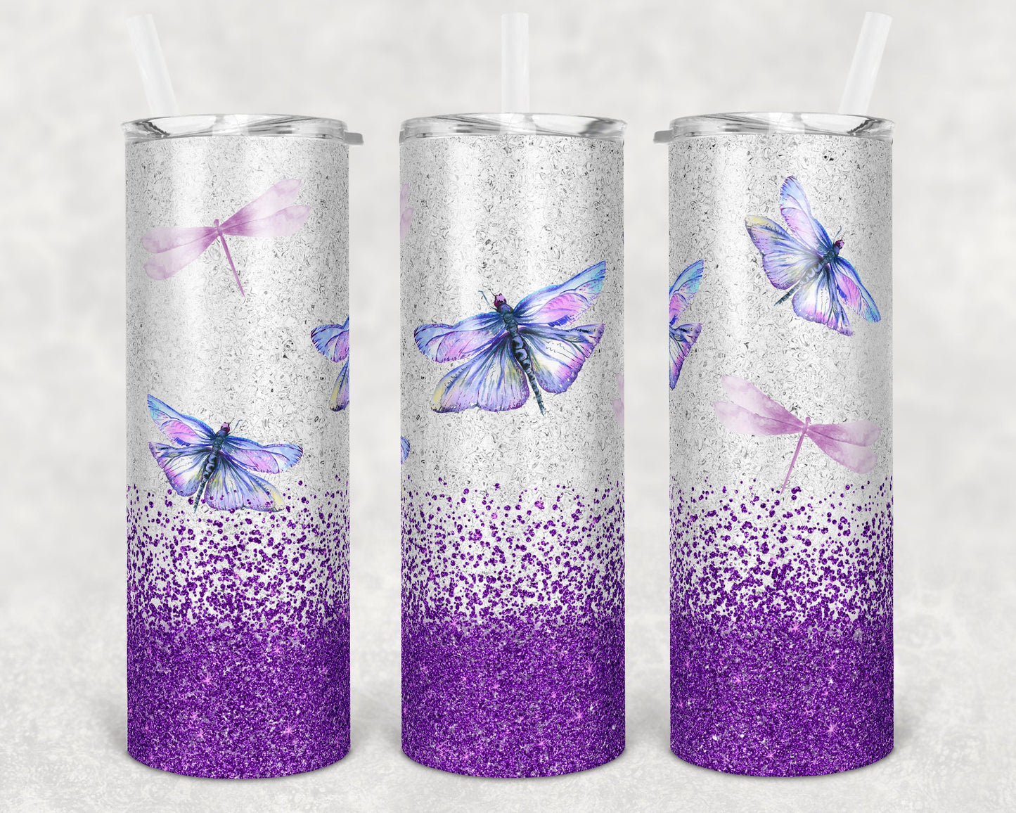 20 oz Skinny Tumbler Glitter Dragonfly Sublimation Design Print Transfer butterfly