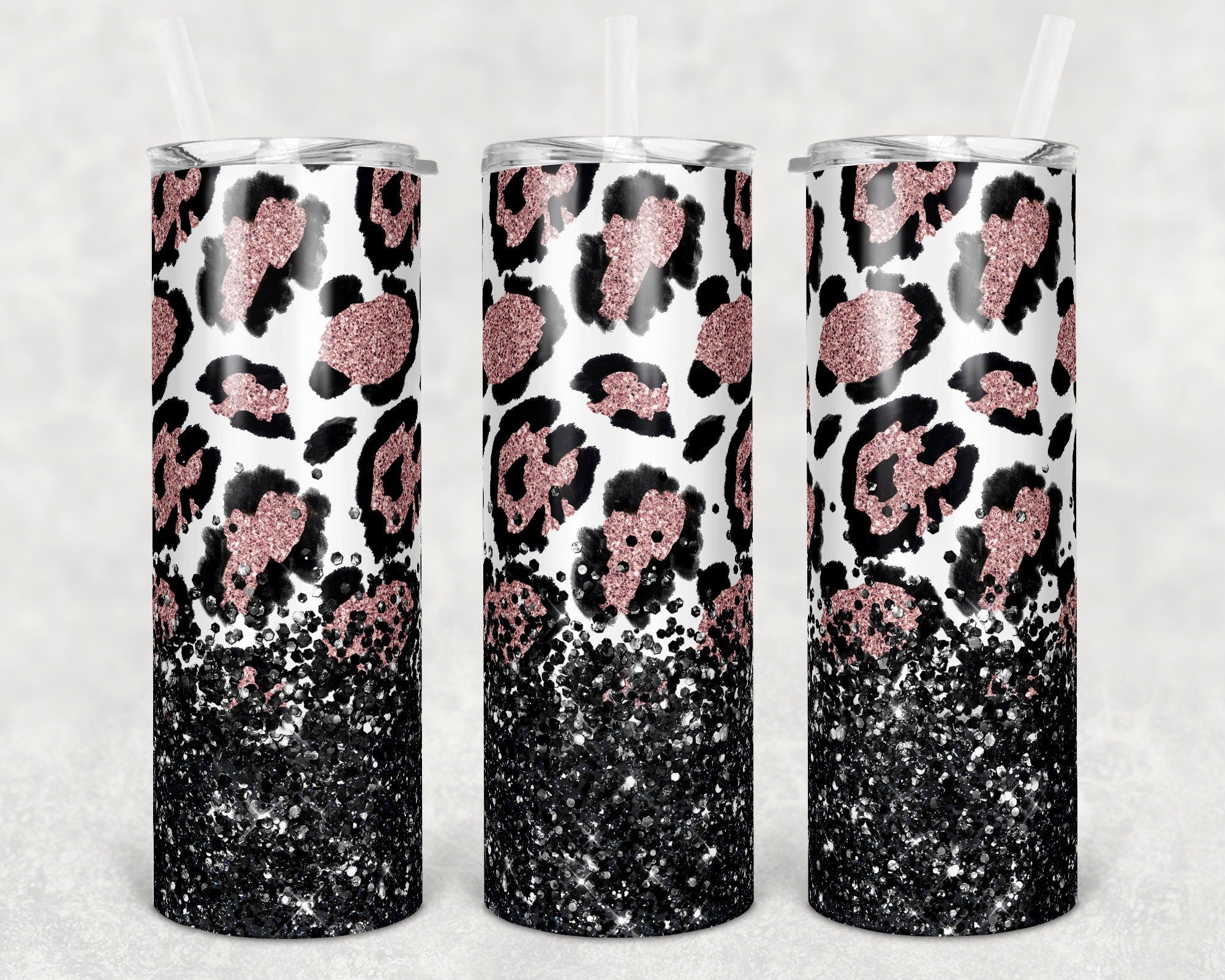 20 oz Skinny Tumbler Sublimation Design Template Pink Leopard Glitter ...