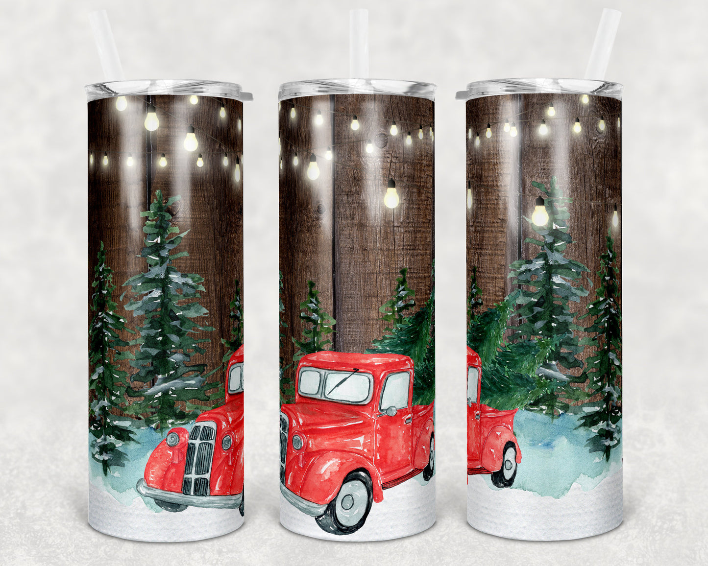 20 oz Skinny Tumbler Sublimation SEAMLESS Holiday Red Truck Christmas Design Template Straight Warped