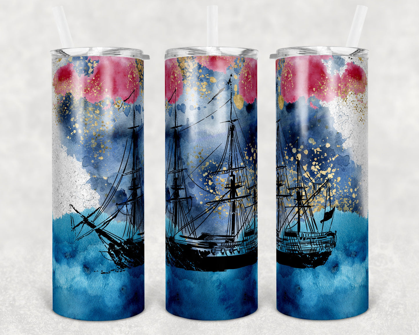 20 oz Skinny Tumbler Sublimation Design Template Ink Glitter Pirate Ship Ocean Print Transfer