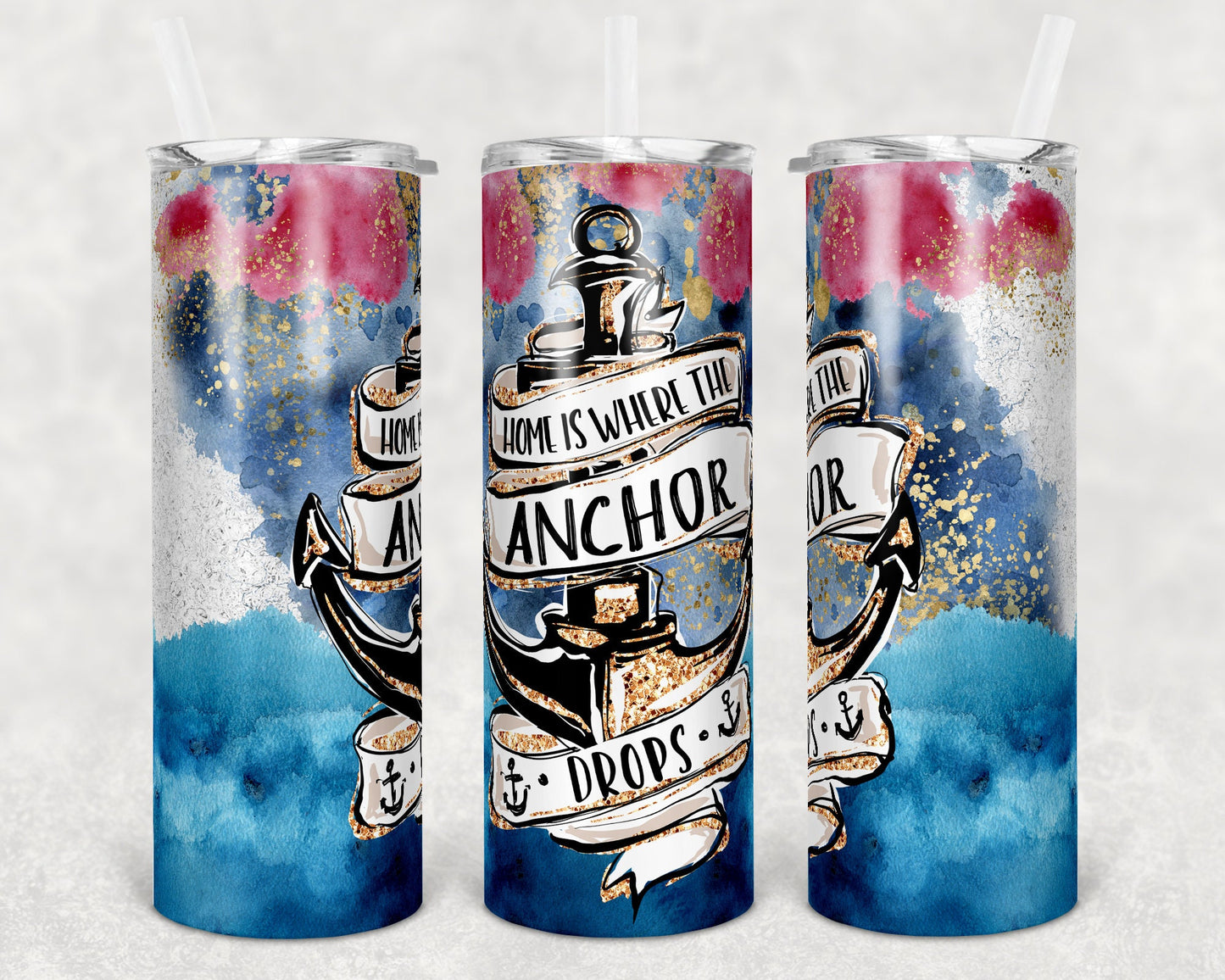 20 oz Skinny Tumbler Sublimation Design Template Ink Glitter Anchor Home Ocean Print Transfer