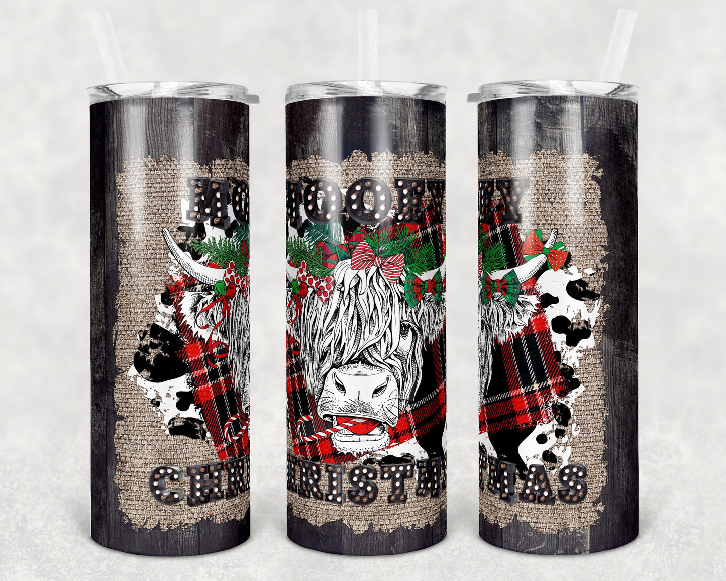 20 oz Skinny Tumbler Sublimation Mooey Christmas Wood Christmas Design Template Straight Warped