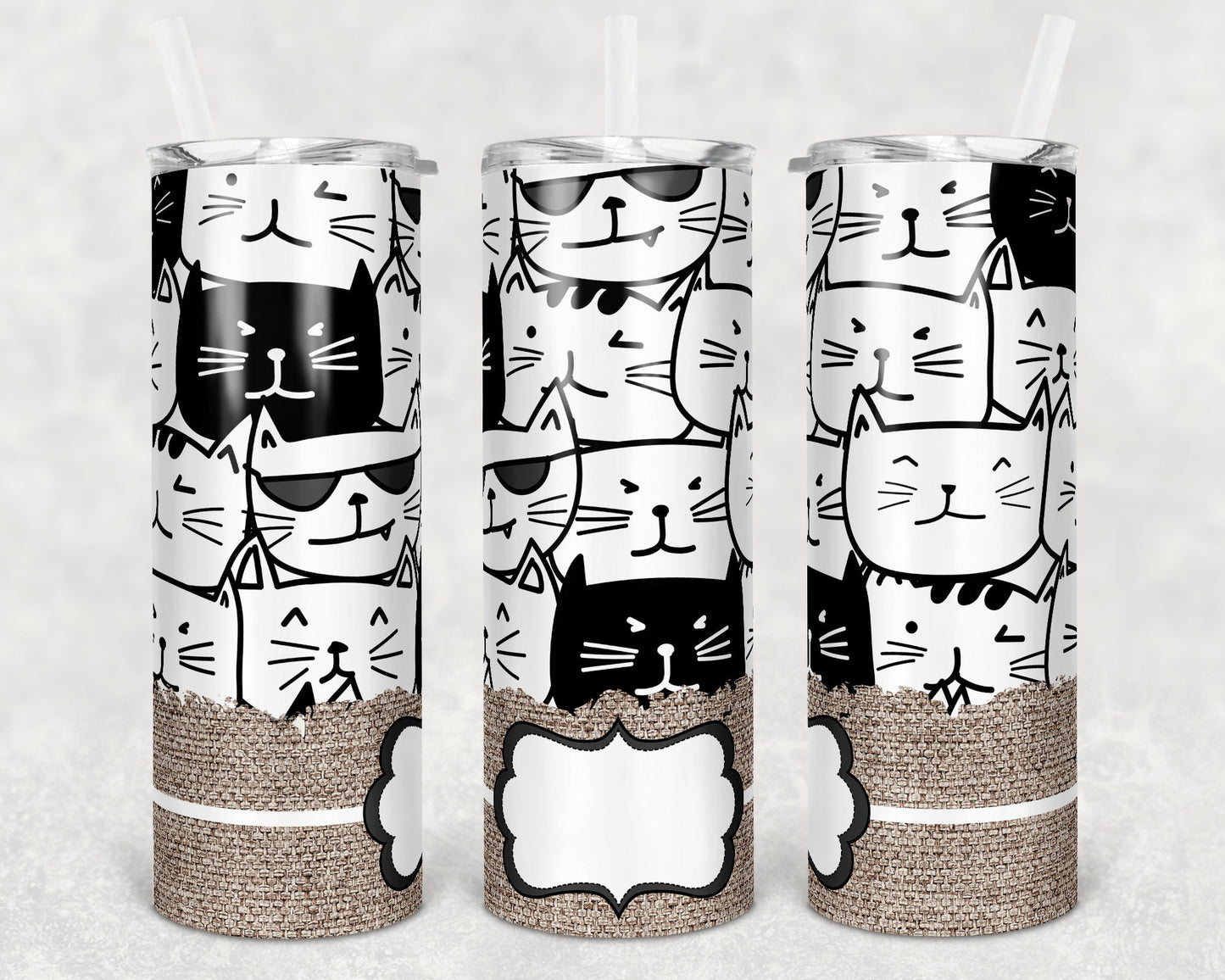 20 oz Skinny Tumbler Sublimation Black White Cats Burlap Dog Personalize Template Straight Warped