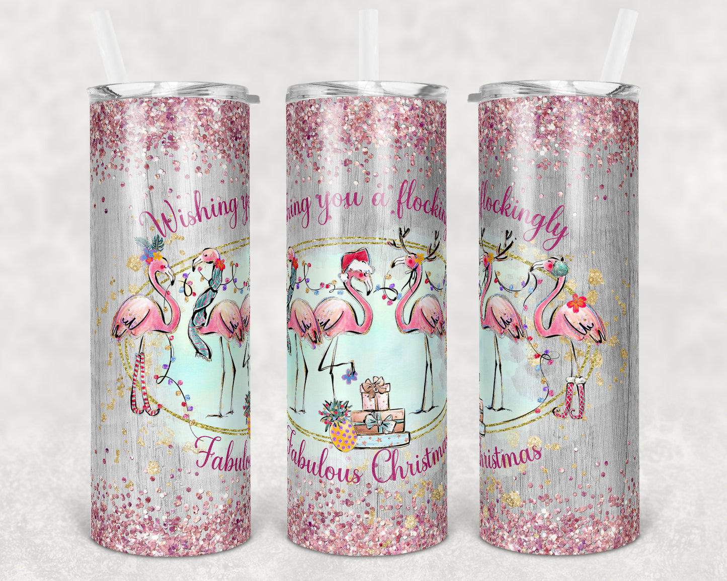 20 oz Skinny Tumbler Sublimation Flocking Fabulous Christmas Flamingo Design Template Straight Warped