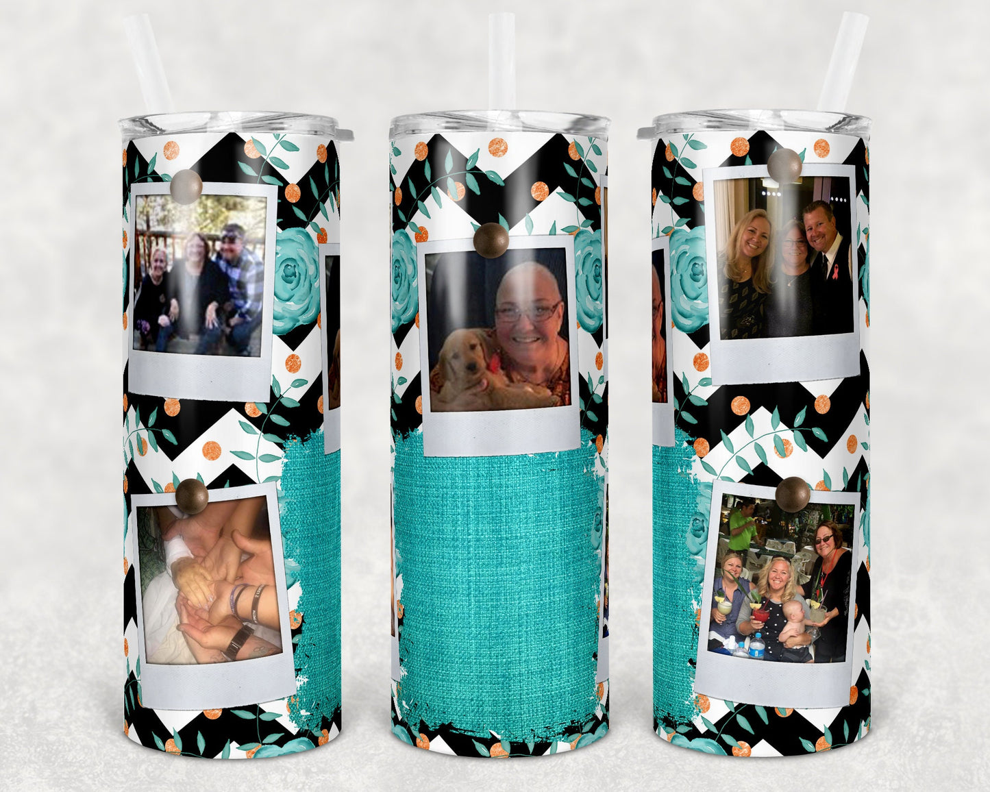 20 oz Skinny Tumbler Picture Frame Teal Chevron Floral Sublimation Design