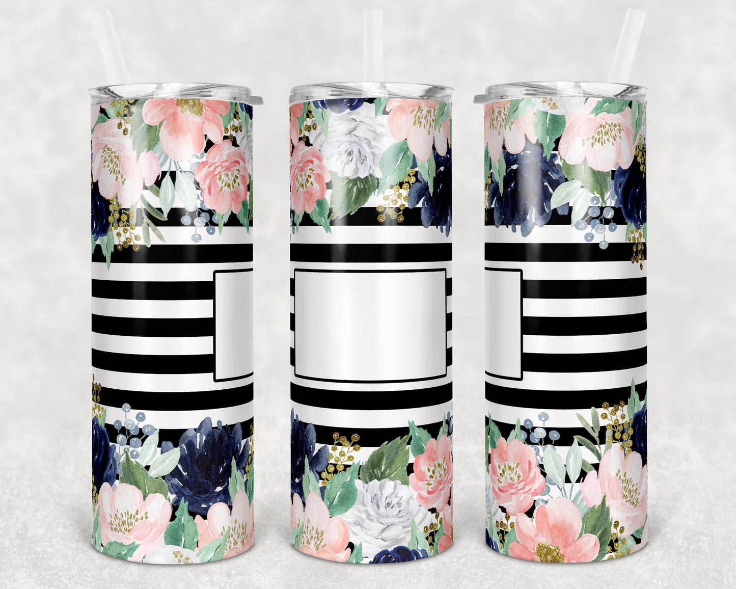 20 oz Skinny Tumbler Striped Black Floral Sublimation Design Square Name Plate