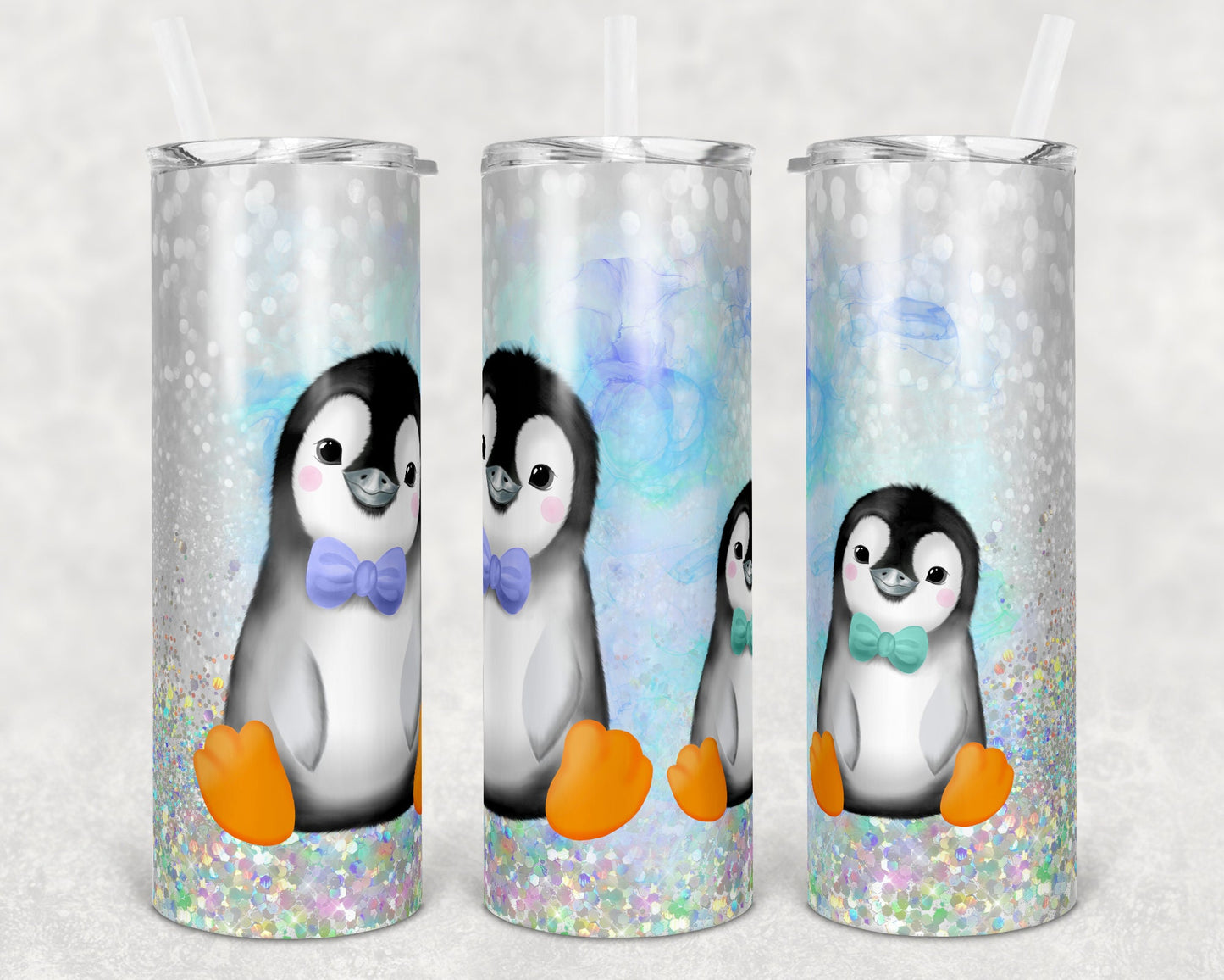 20 oz Skinny Tumbler Sublimation SEAMLESS Winter Penguin Cute Glitter Design Template Straight Warped