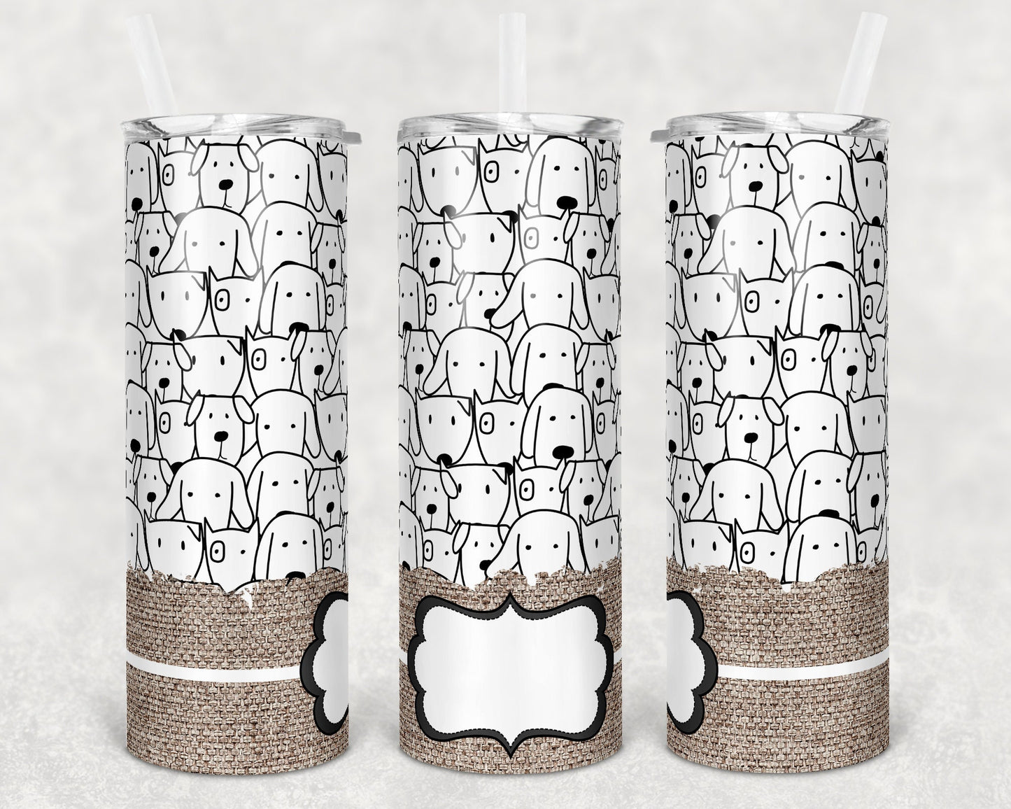 20 oz Skinny Tumbler Sublimation Black White Dogs Burlap Dog Personalize Template Straight Warped
