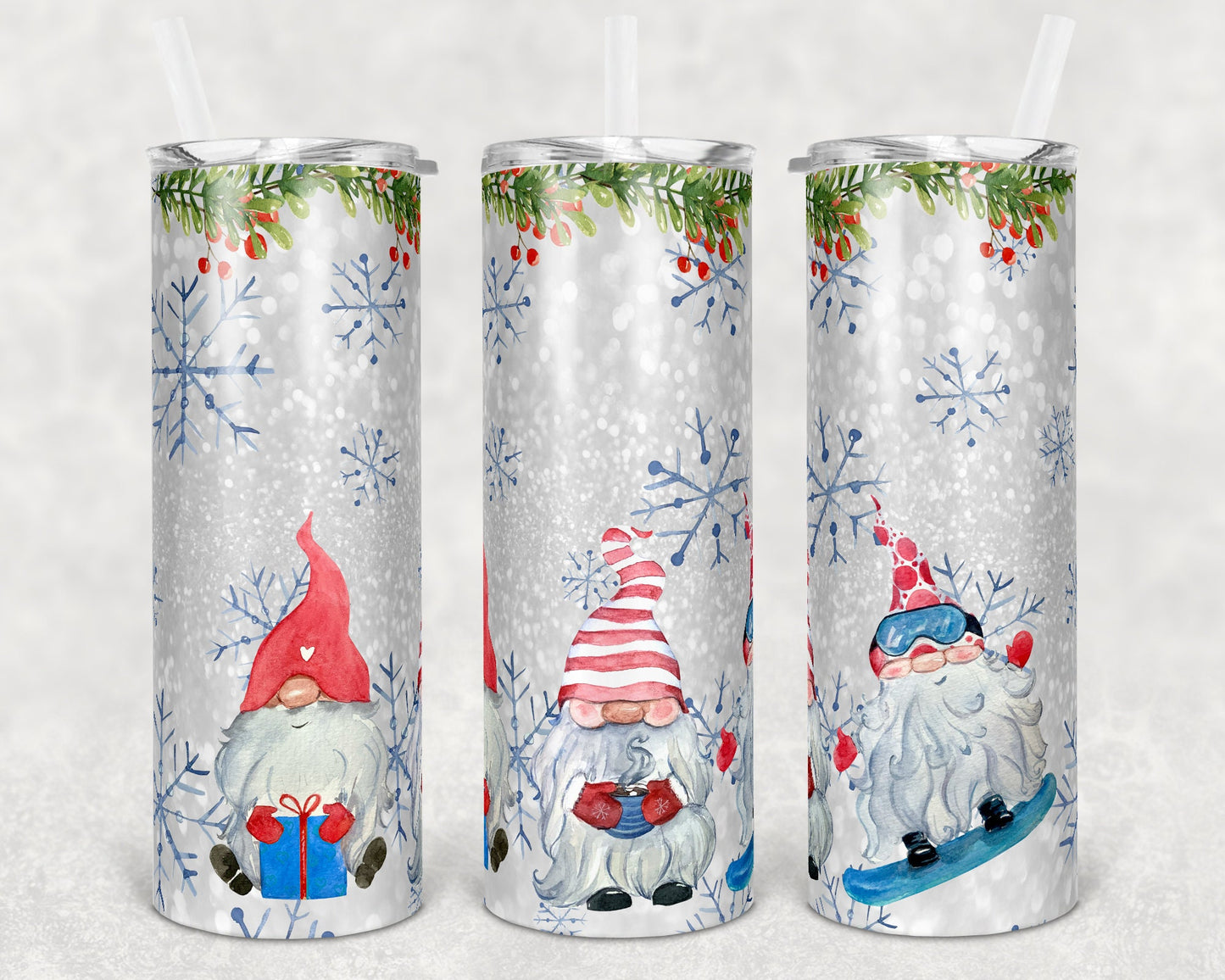 20 oz Skinny Tumbler Sublimation Winter Gnome Christmas Design Template Straight Warped