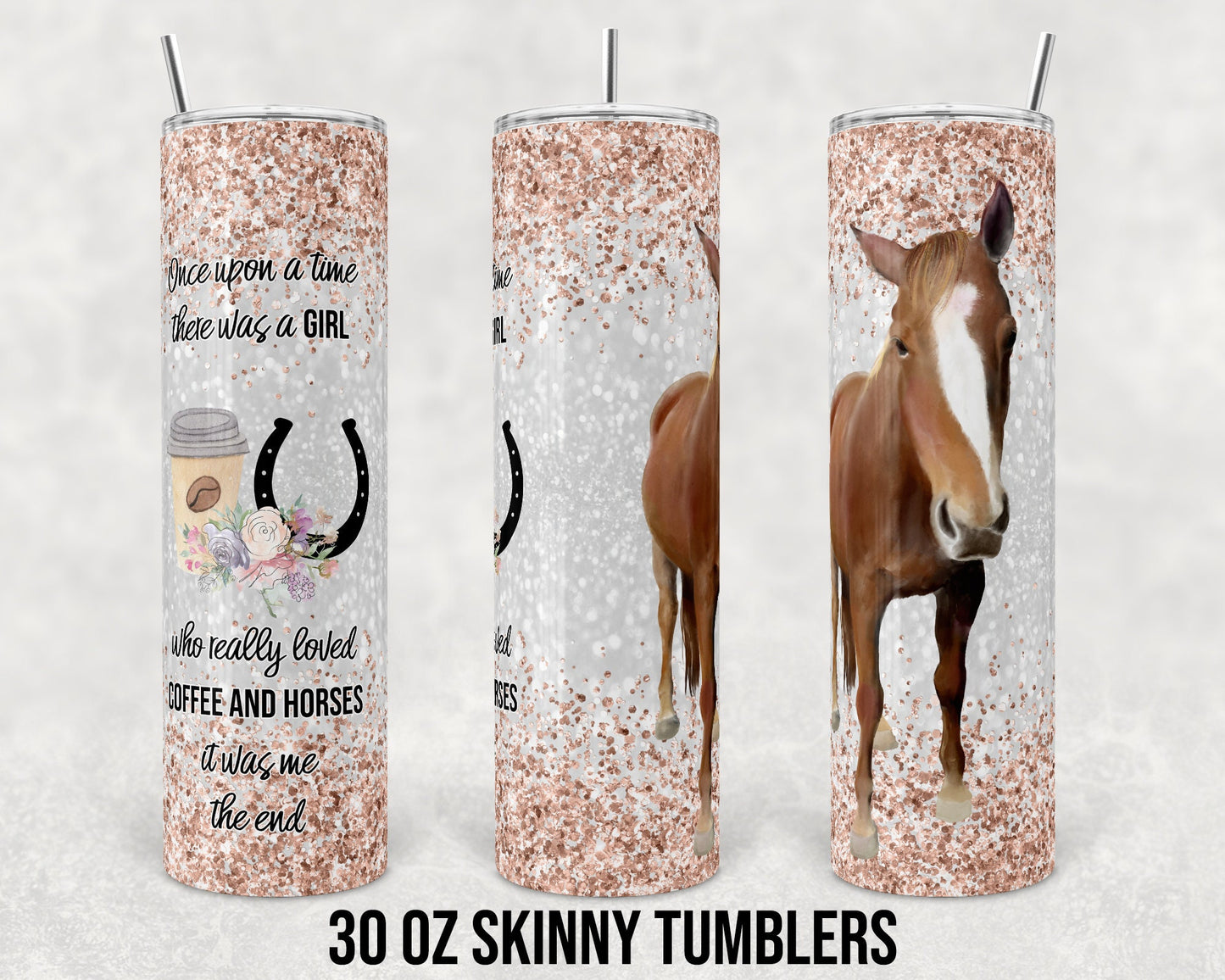 30 oz Skinny Tumbler Sublimation Design Template Faux Glitter Horse and Coffee Straight and Warped