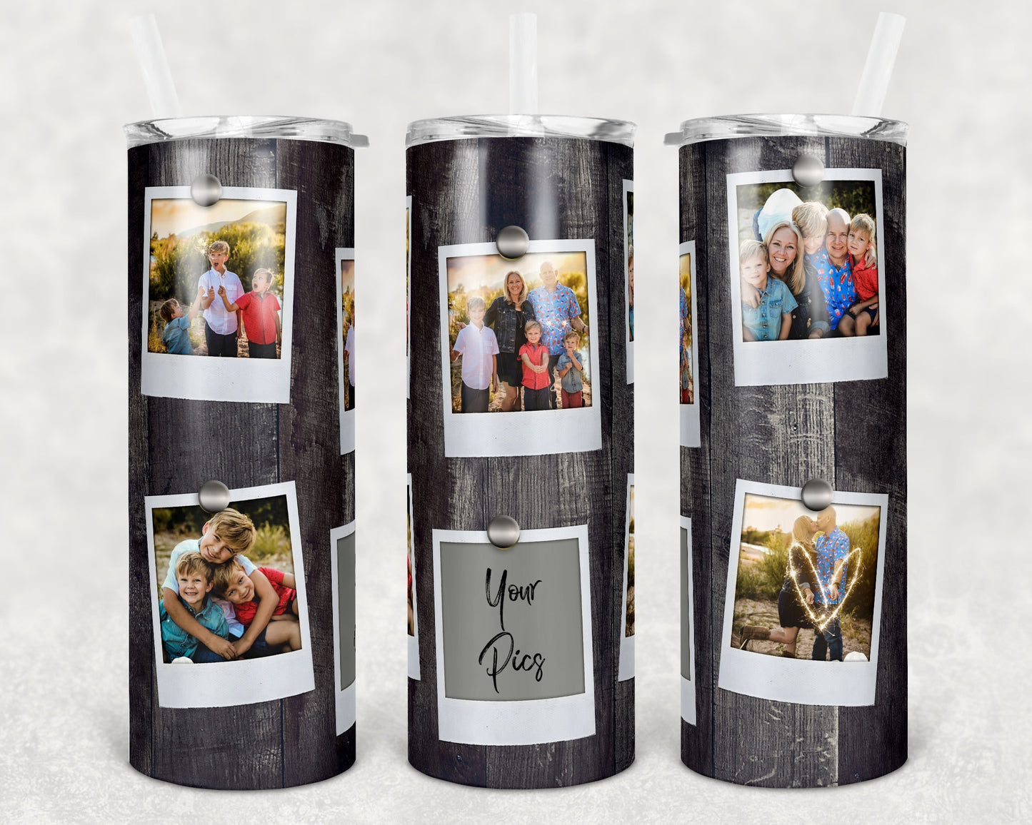 20 oz Skinny Tumbler Picture Frame Faux Wood 6 Picture Sublimation Design