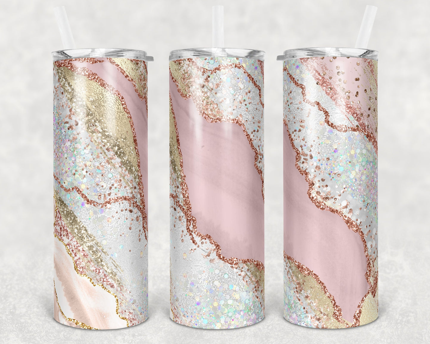 20 oz Skinny Tumbler Sublimation Template Agate Milky Way Rose Glitter Gold Straight and Warped Design