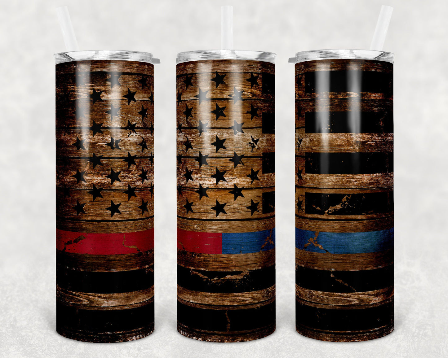 20 oz Skinny Tumbler Burned Wood Horizontal Flag Red Blue Line Sublimation Design
