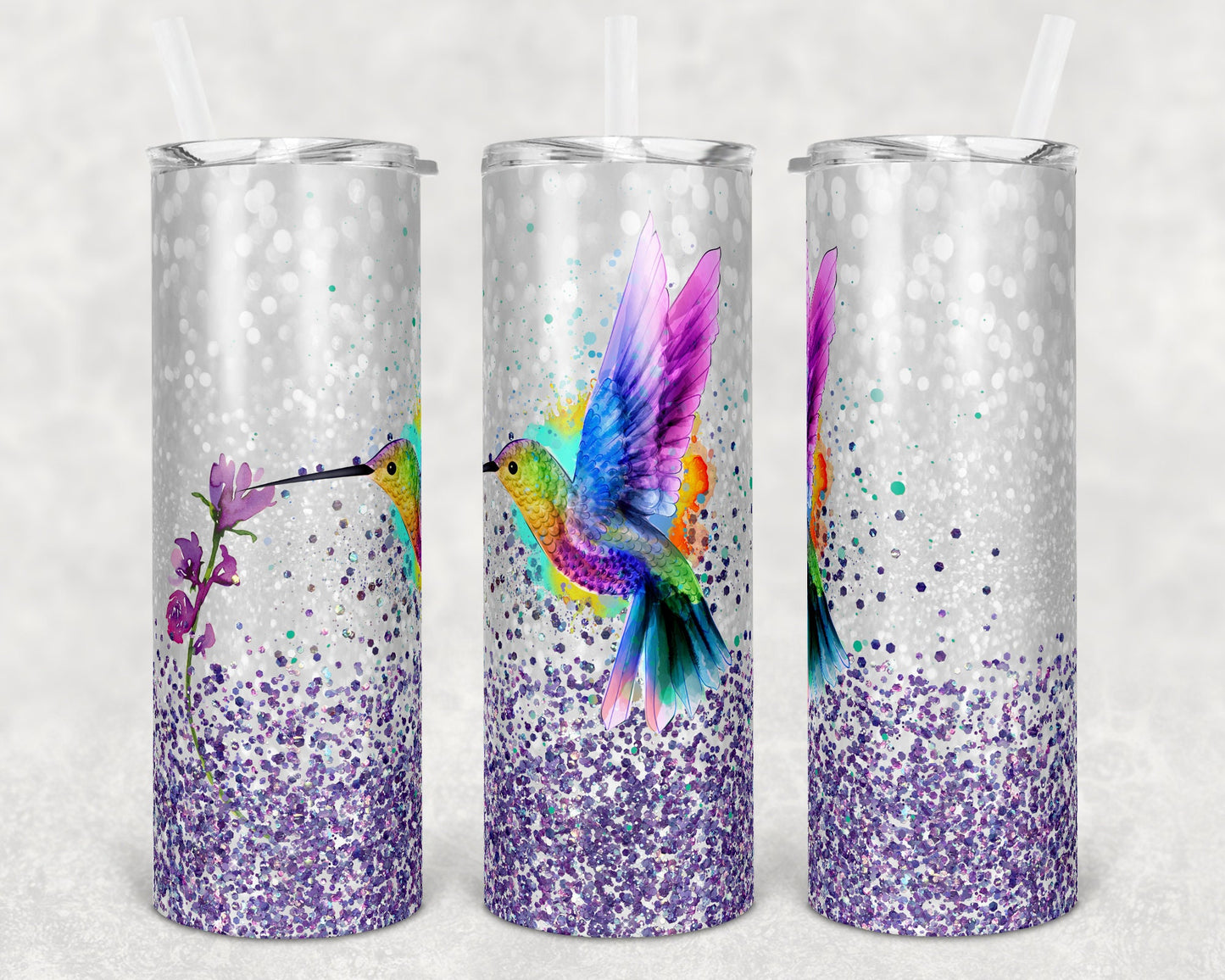 20 oz Skinny Tumbler Sublimation Design Template Faux Glitter Hummingbird Straight and Warped