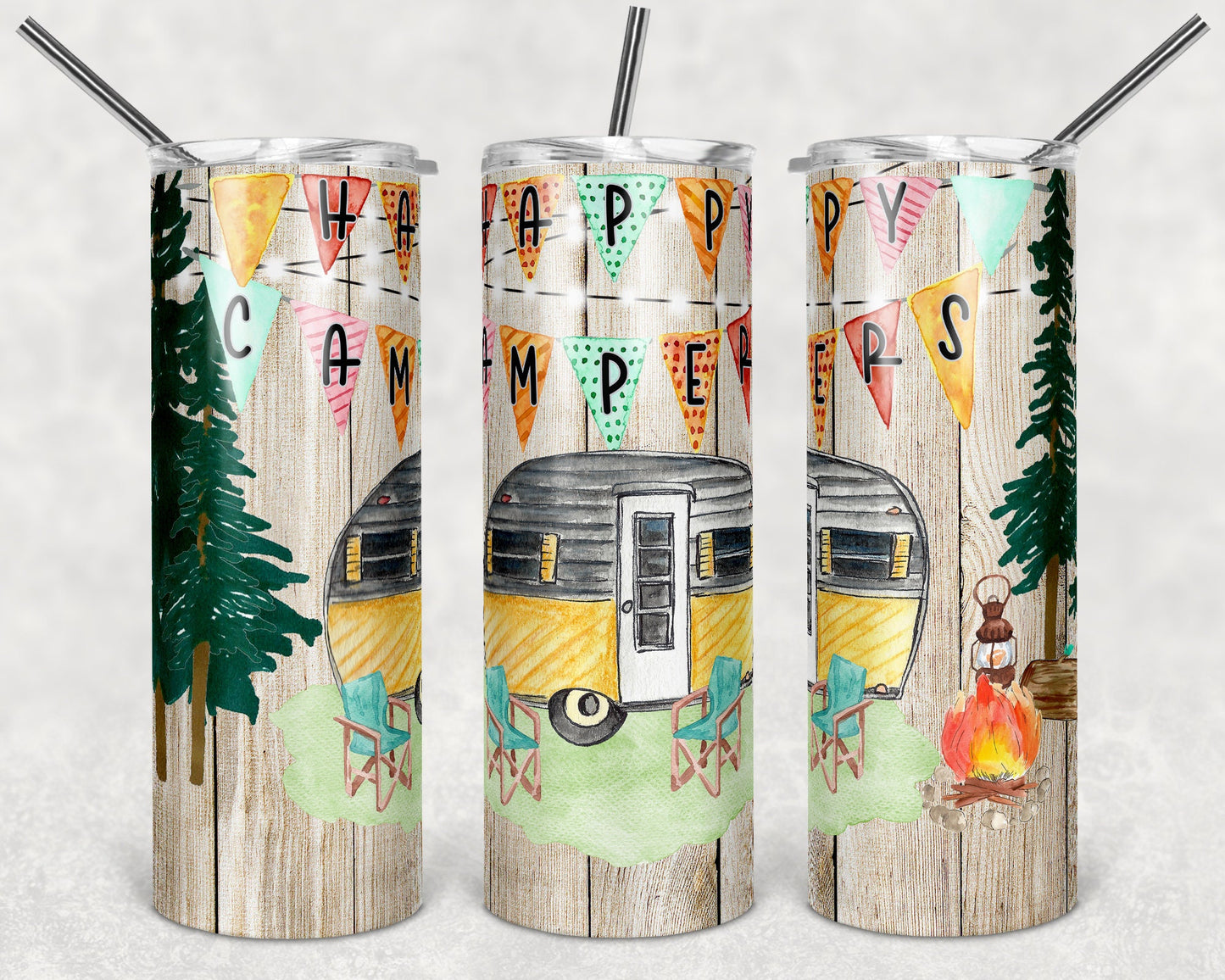 20 oz Skinny Tumbler Happy Camper Vintage Trailer Sublimation Design Print Transfer