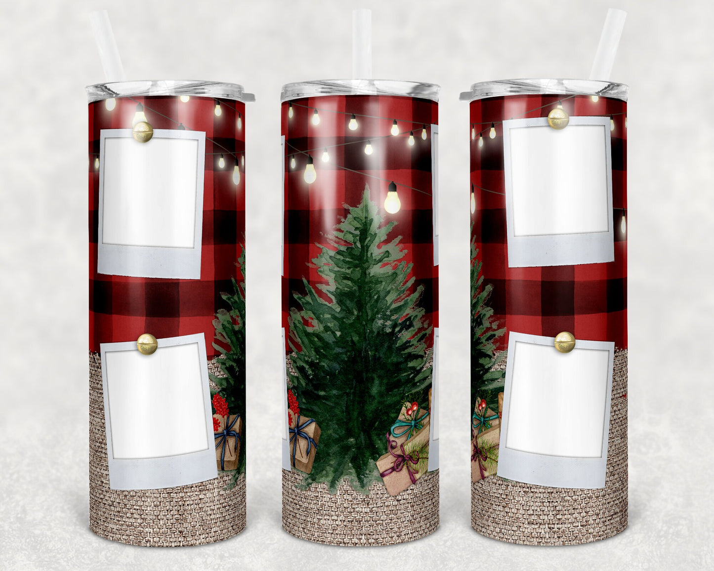 20 oz Skinny Tumbler Sublimation Picture SEAMLESS Burlap and Buffalo Plaid Christmas Design Template Straight Warped