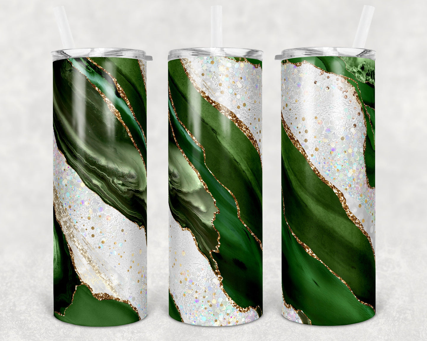 20 oz Skinny Tumbler Sublimation Template Agate Milky Way Green Gold Straight and Warped Design