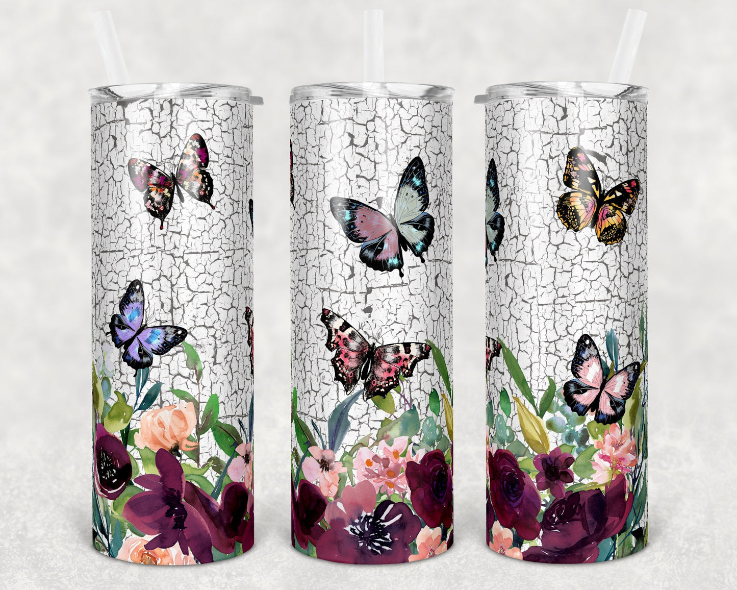 20 oz Skinny Tumbler Butterflies and Floral Crackle Sublimation Design Print Transfer