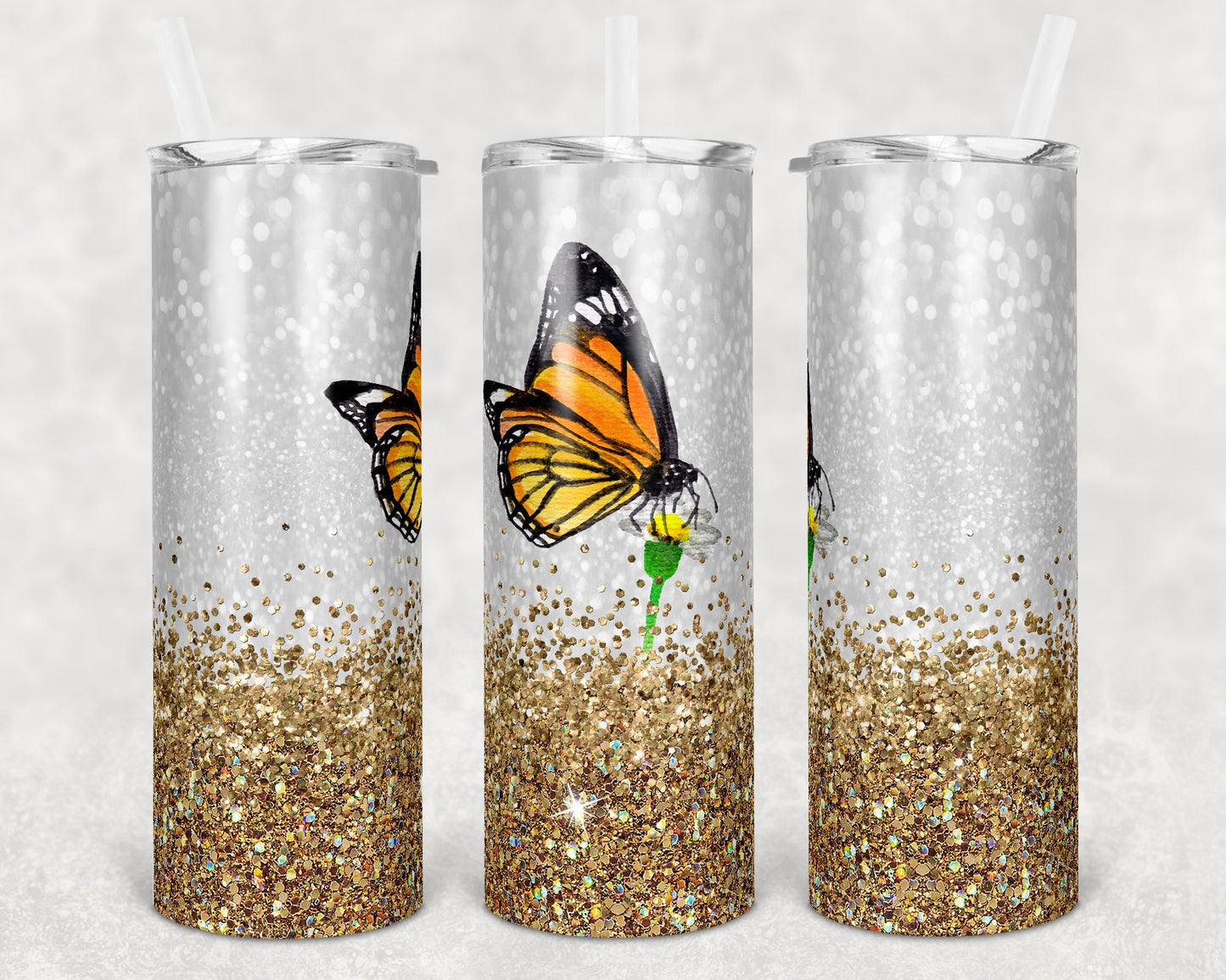 20 oz Skinny Tumbler Glitter Background Butterfly Sublimation Design Print Transfer