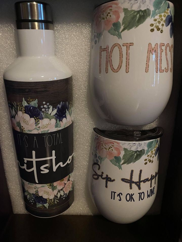 Design Wine Set Sublimation Tumbler Shit Show Sip Happens Hot Mess