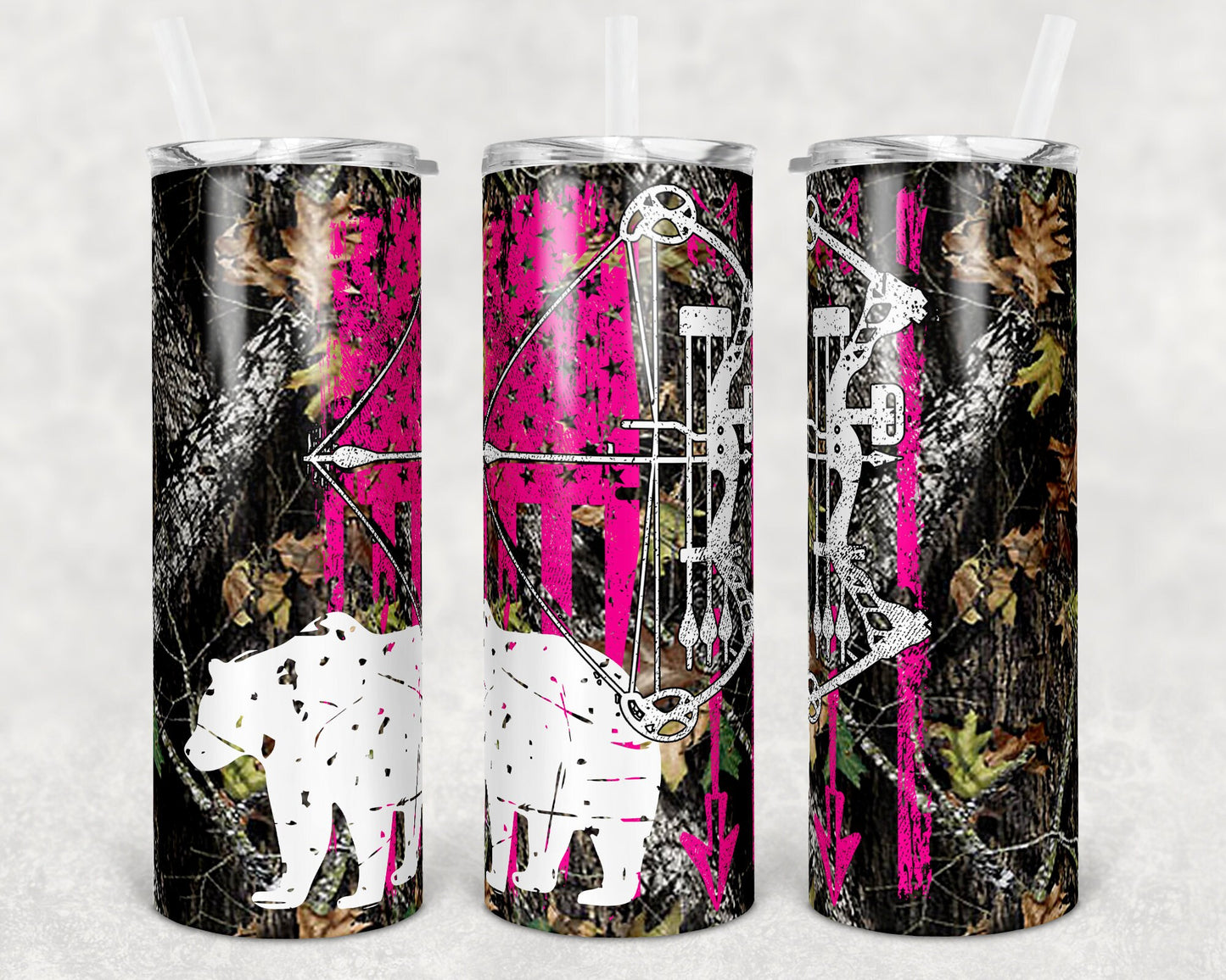 20 oz Skinny Tumbler Sublimation Design Template Bear Bow Hunting Pink Design