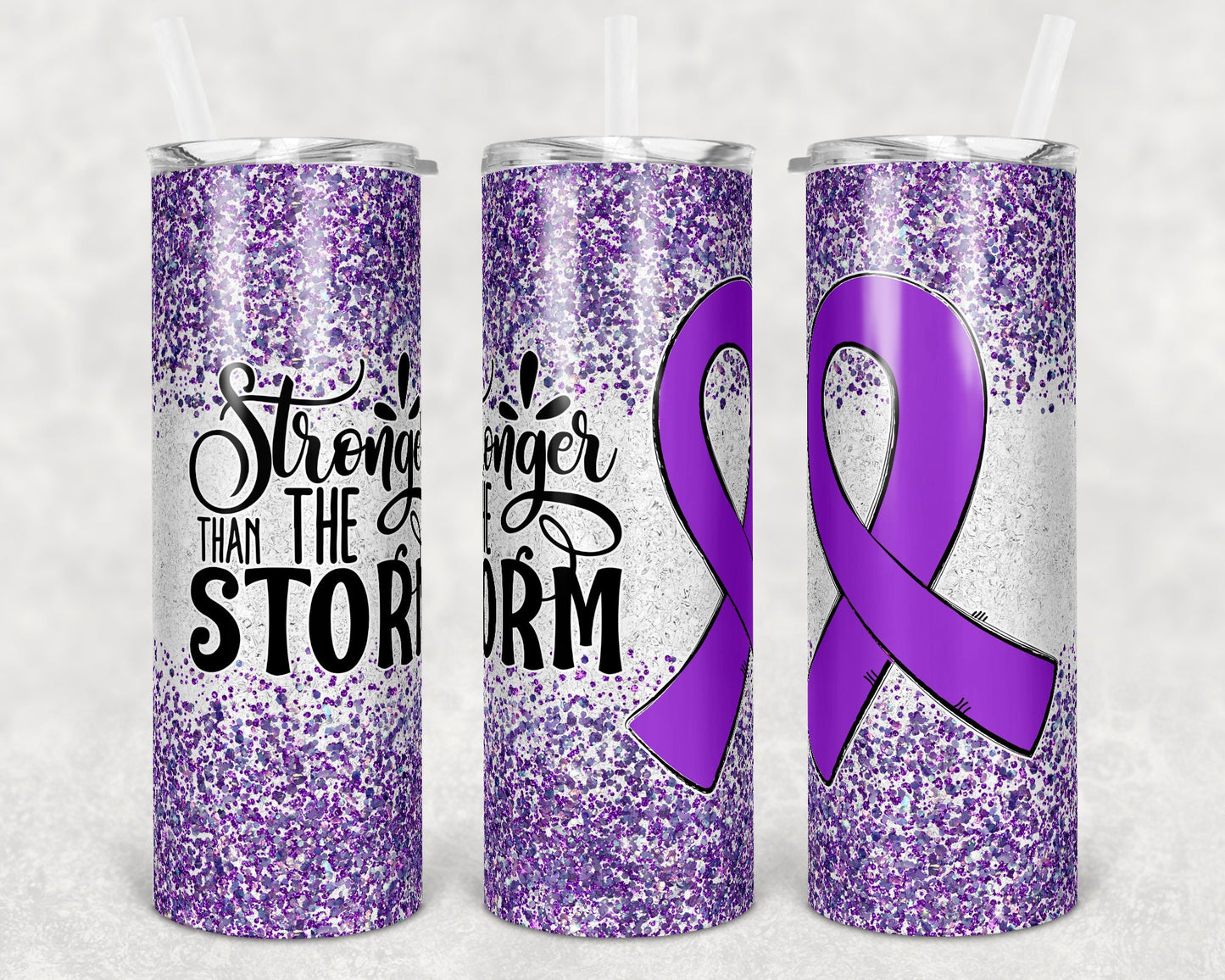 20 oz Skinny Tumbler Sublimation Glitter Purple Cancer Awareness Straight and Warped Design