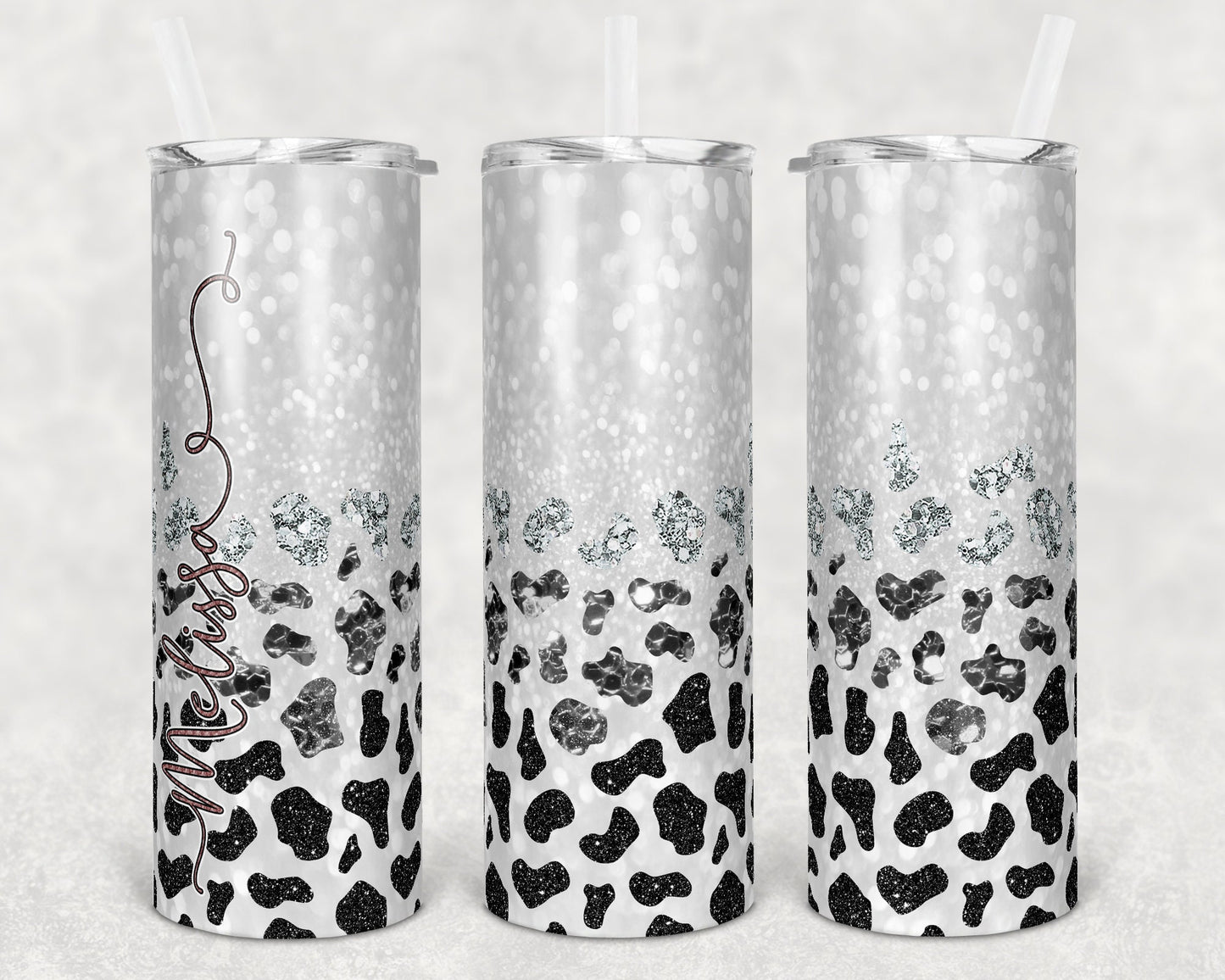 20 oz Skinny Tumbler Sublimation Glitter Cow Print Ombre Design