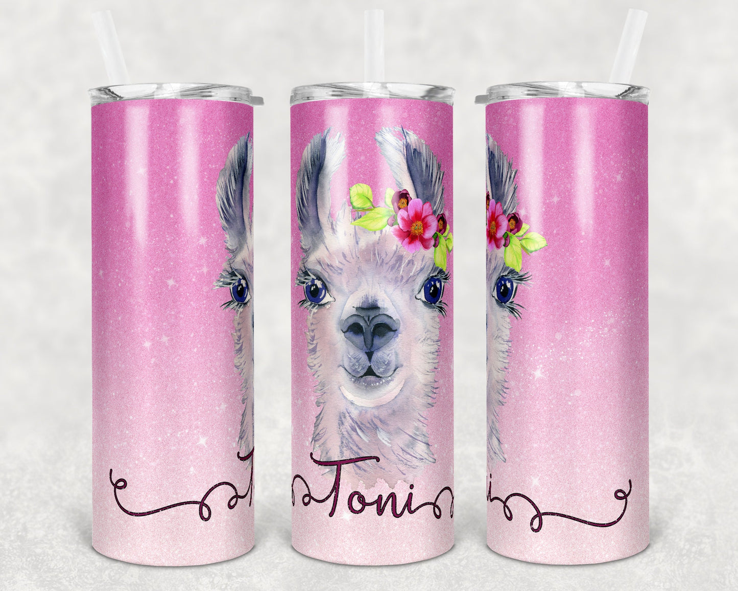 20 oz Skinny Tumbler Sublimation Pink Glitter Ombre Llama Design