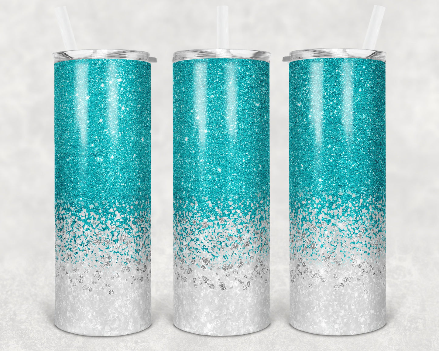 20 oz Skinny Tumbler Sublimation Design Template Glitter Confetti Teal White Straight and Warped Design