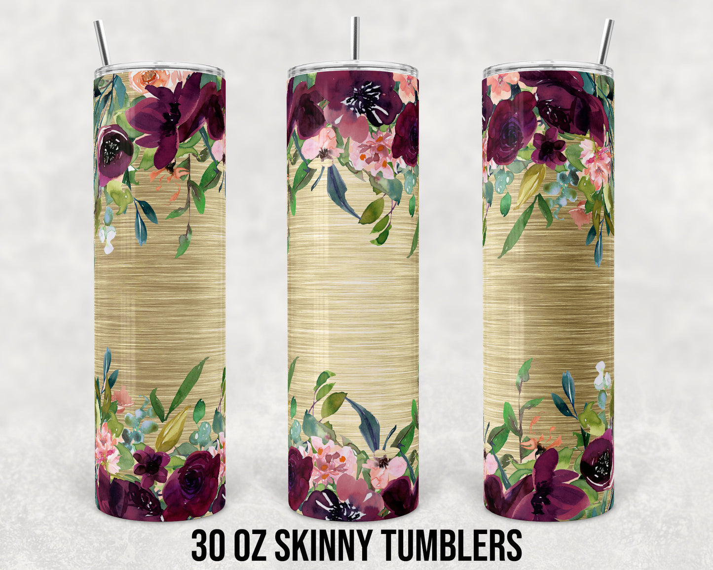 30 oz Skinny Tumbler Sublimation Design Template Gold and Maroon Floral Straight and Warped