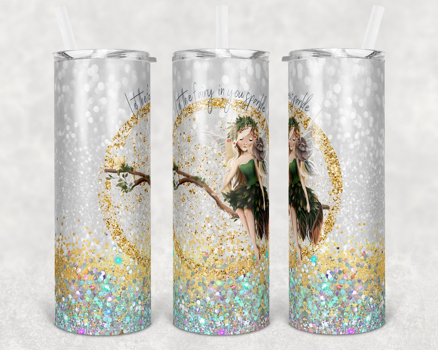20 oz Skinny Tumbler Glitter Gold Fairy Sparkle Seamless Sublimation Design