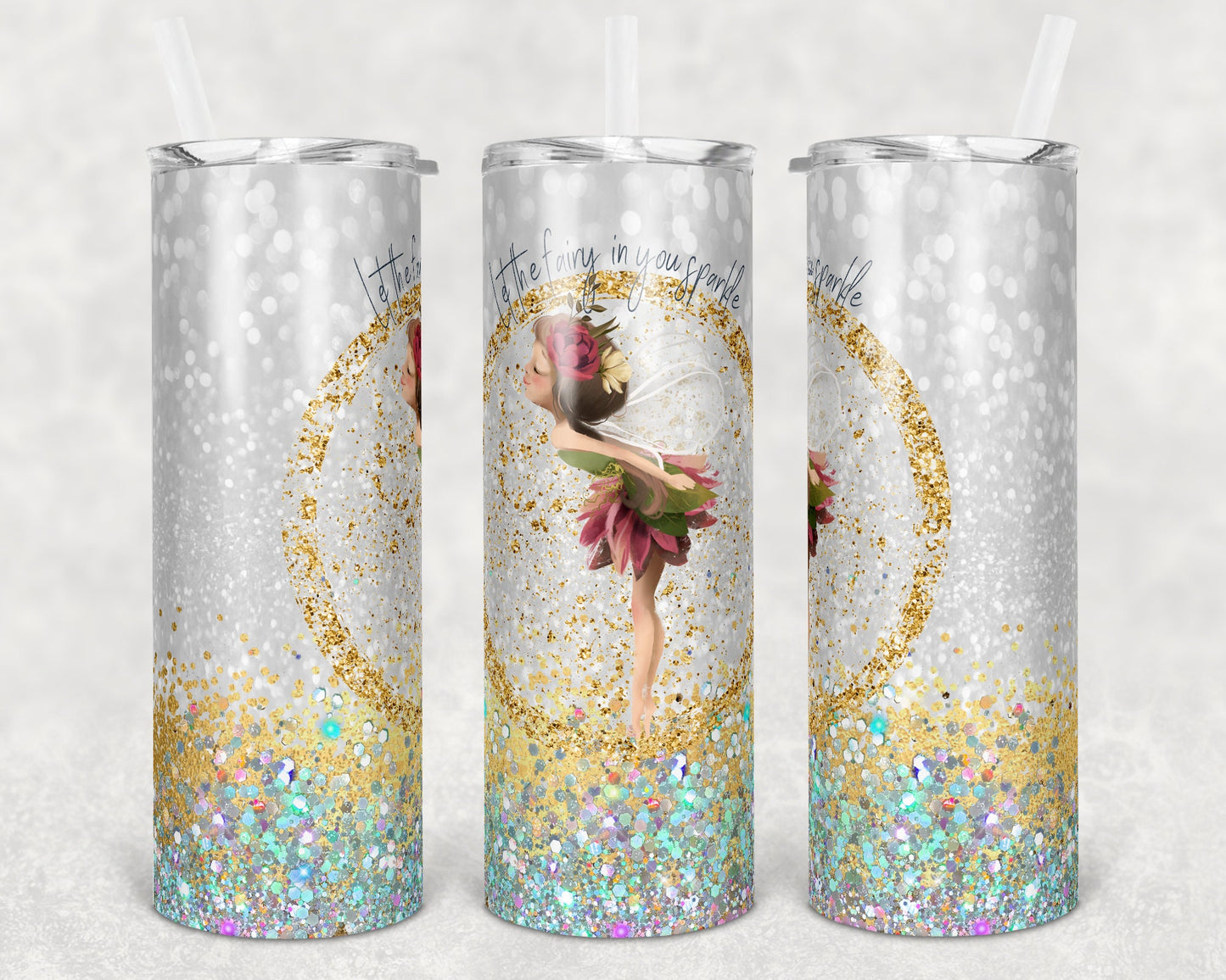 20 oz Skinny Tumbler Glitter Gold Fairy Sparkle Seamless Sublimation Design