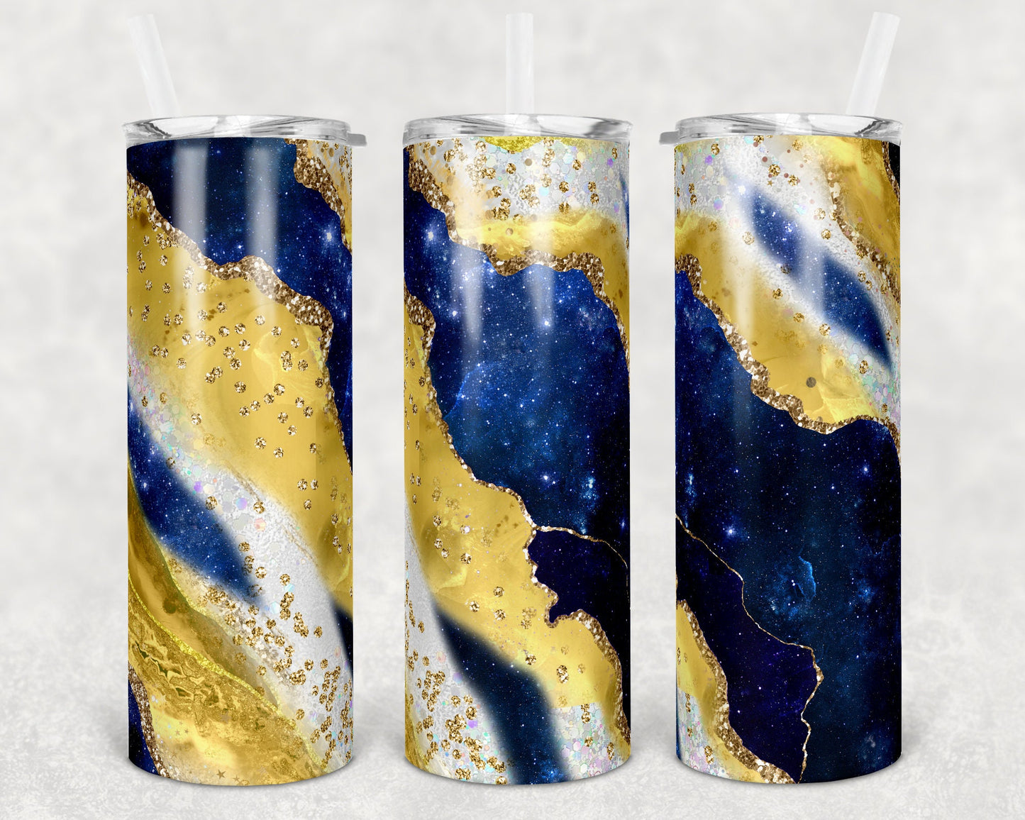 20 oz Skinny Tumbler Sublimation Template Agate Milky Way Blue Gold Yellow Straight and Warped Design