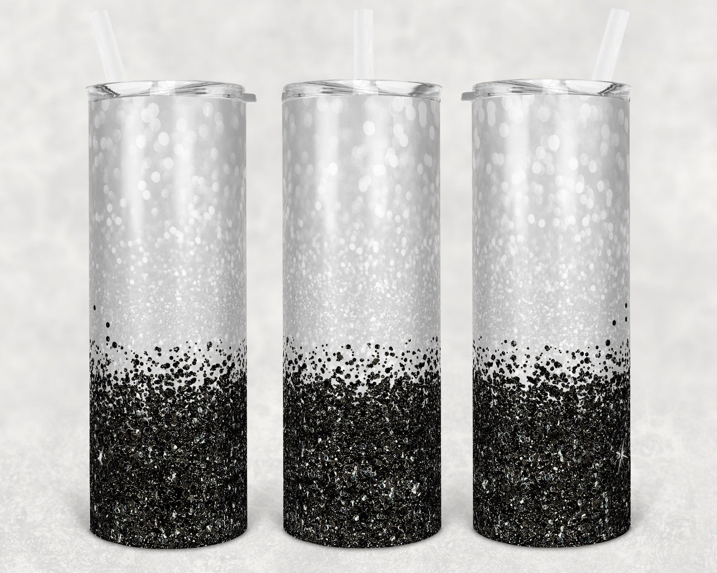 20 oz Skinny Tumbler Sublimation Design Glitter Confetti Black Straight and Warped Design